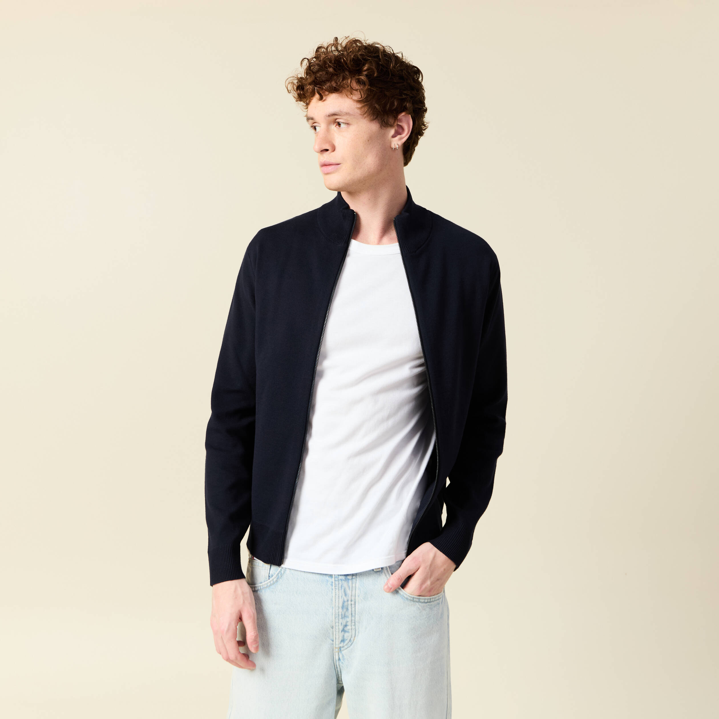 gilet manches longues zippe bleu marine homme Gilet manches longues zippé bleu marine homme