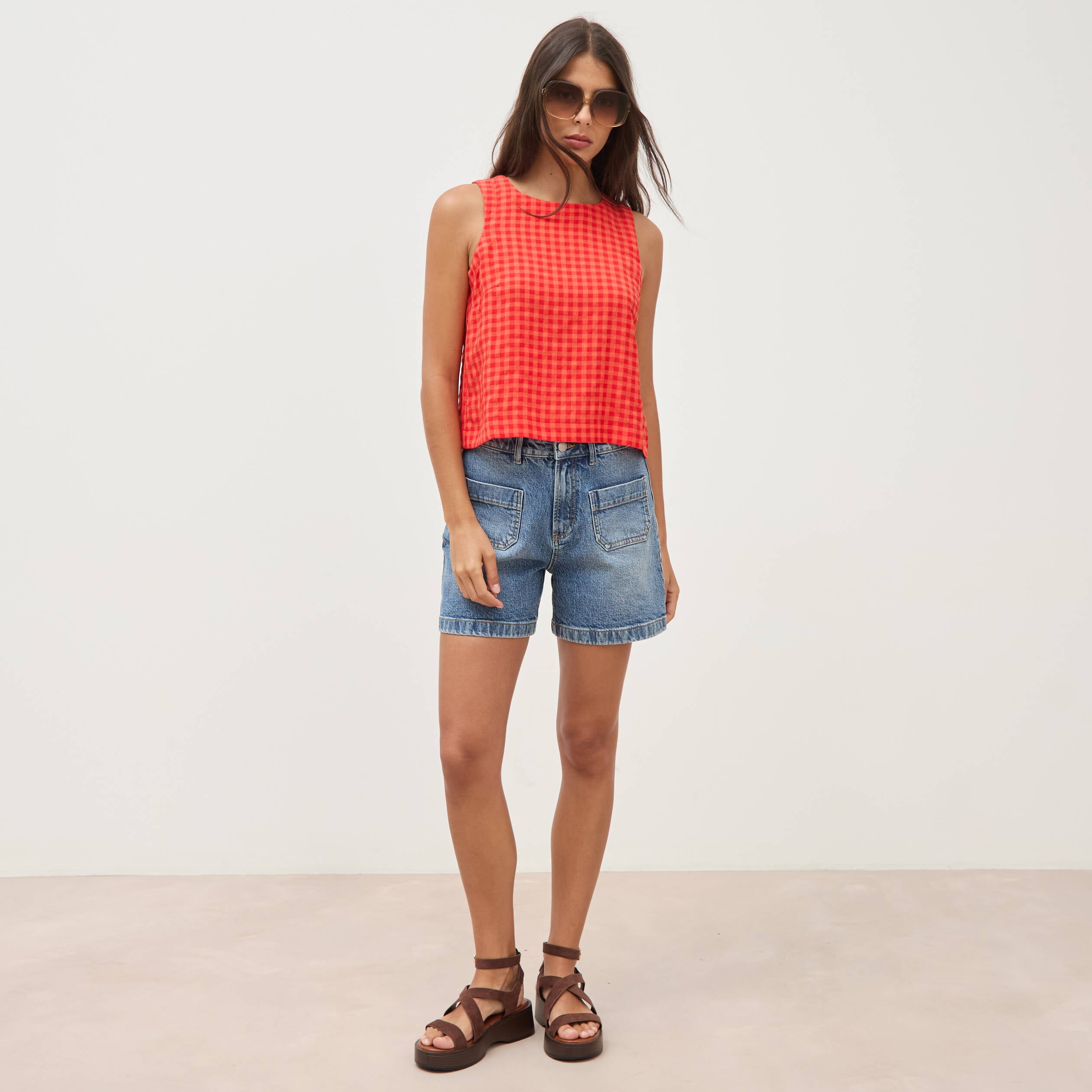 Blouse vichy droite cropped sans manches orange fonc&eacute; femme
