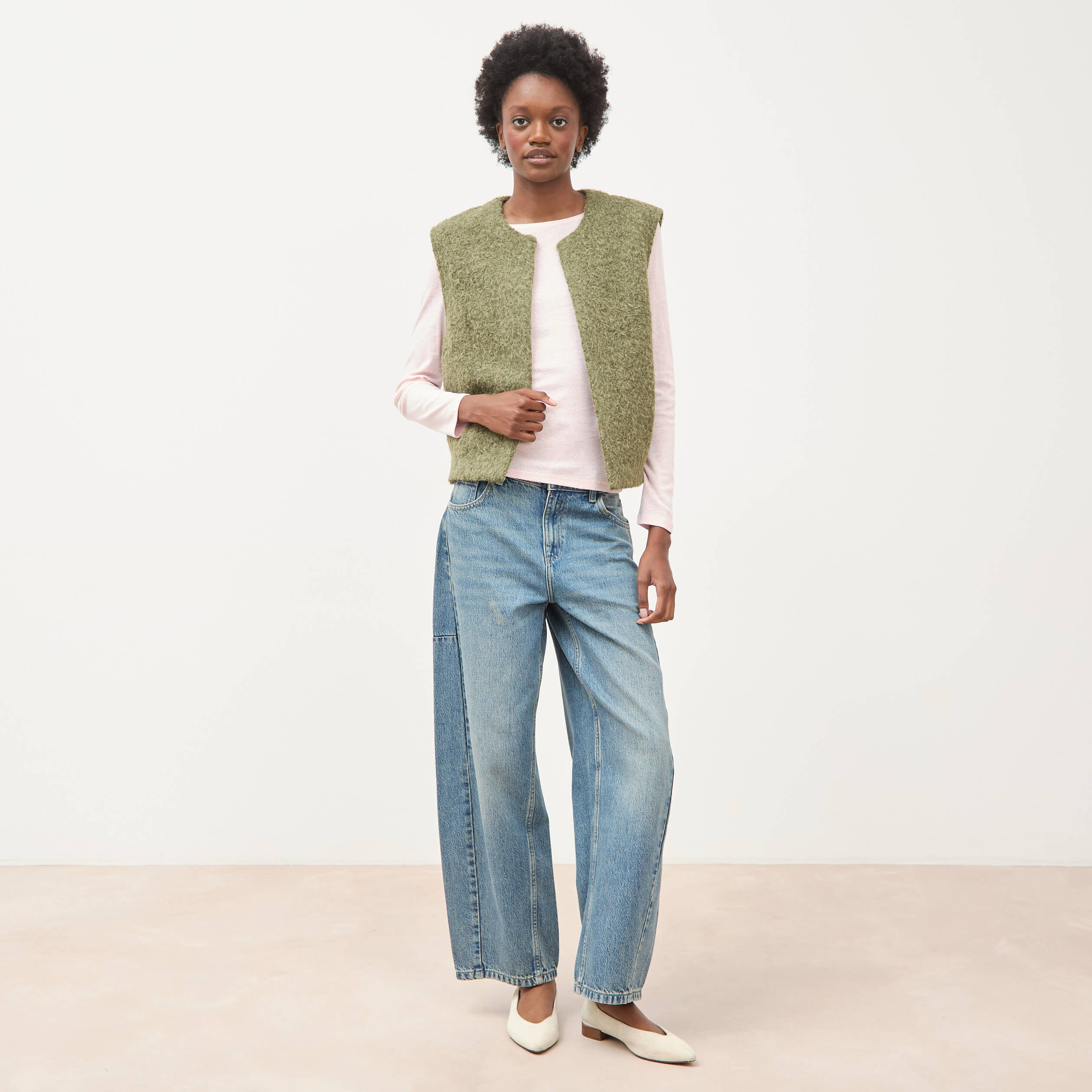 Gilet droit sans manches col rond vert kaki femme