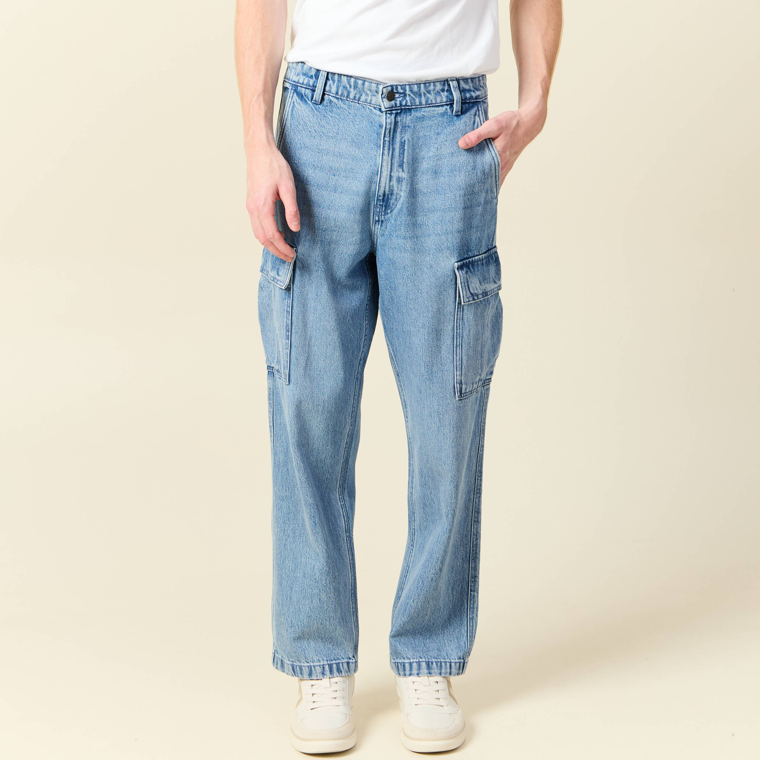pantalon cargo en coton denim bleach homme Pantalon cargo en coton denim bleach homme