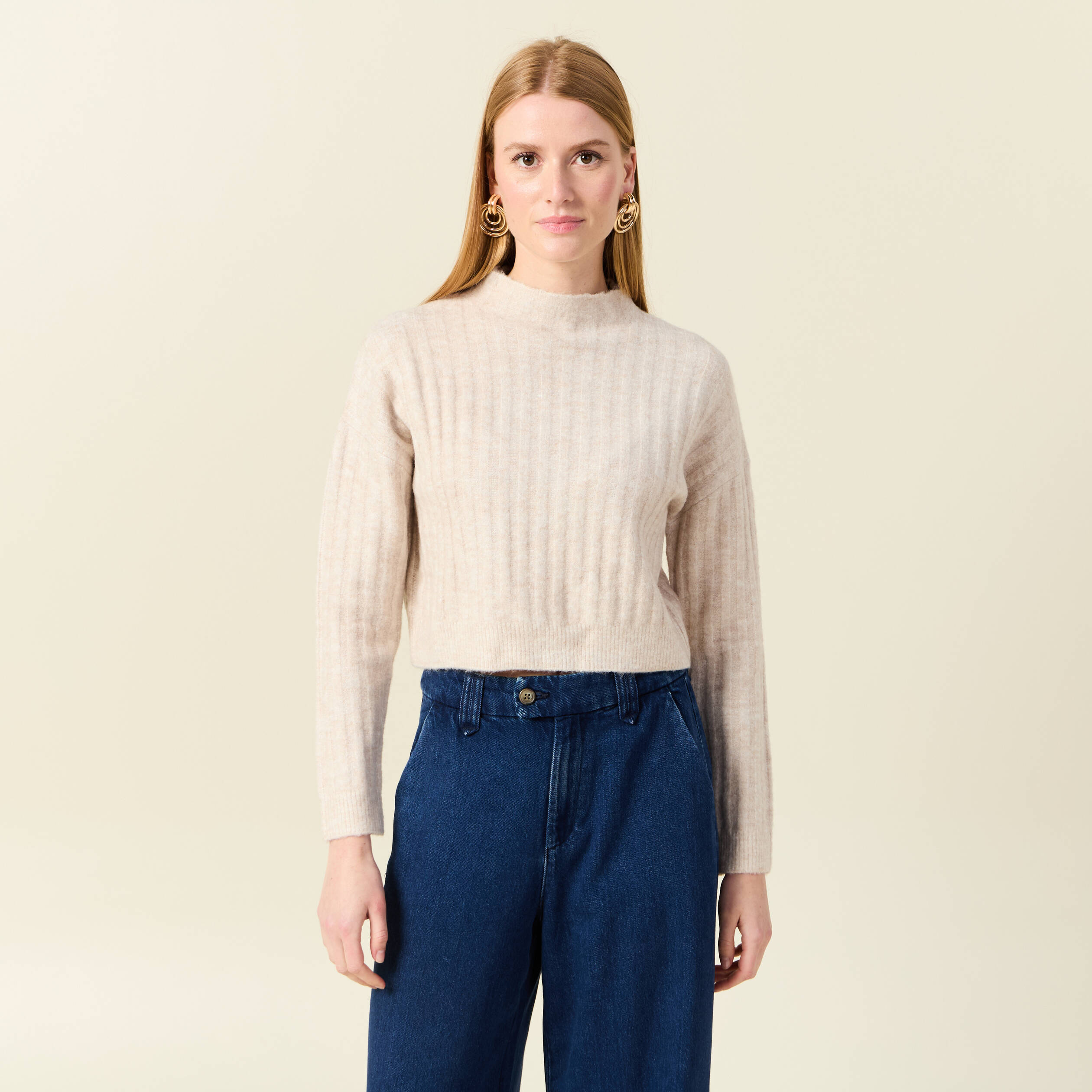 Pull manches longues cropped creme femme