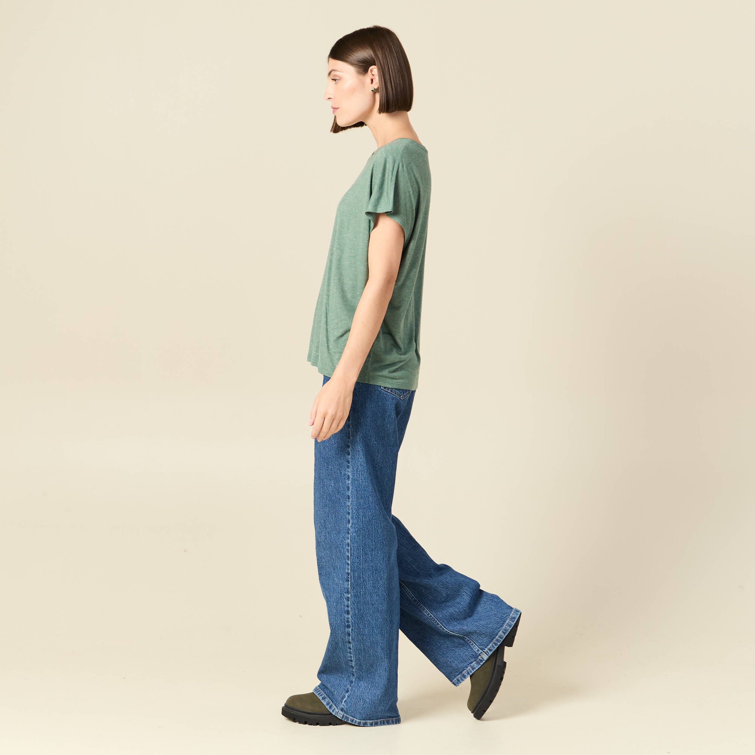 T-shirt droit court manches courtes vert fonc&eacute; femme