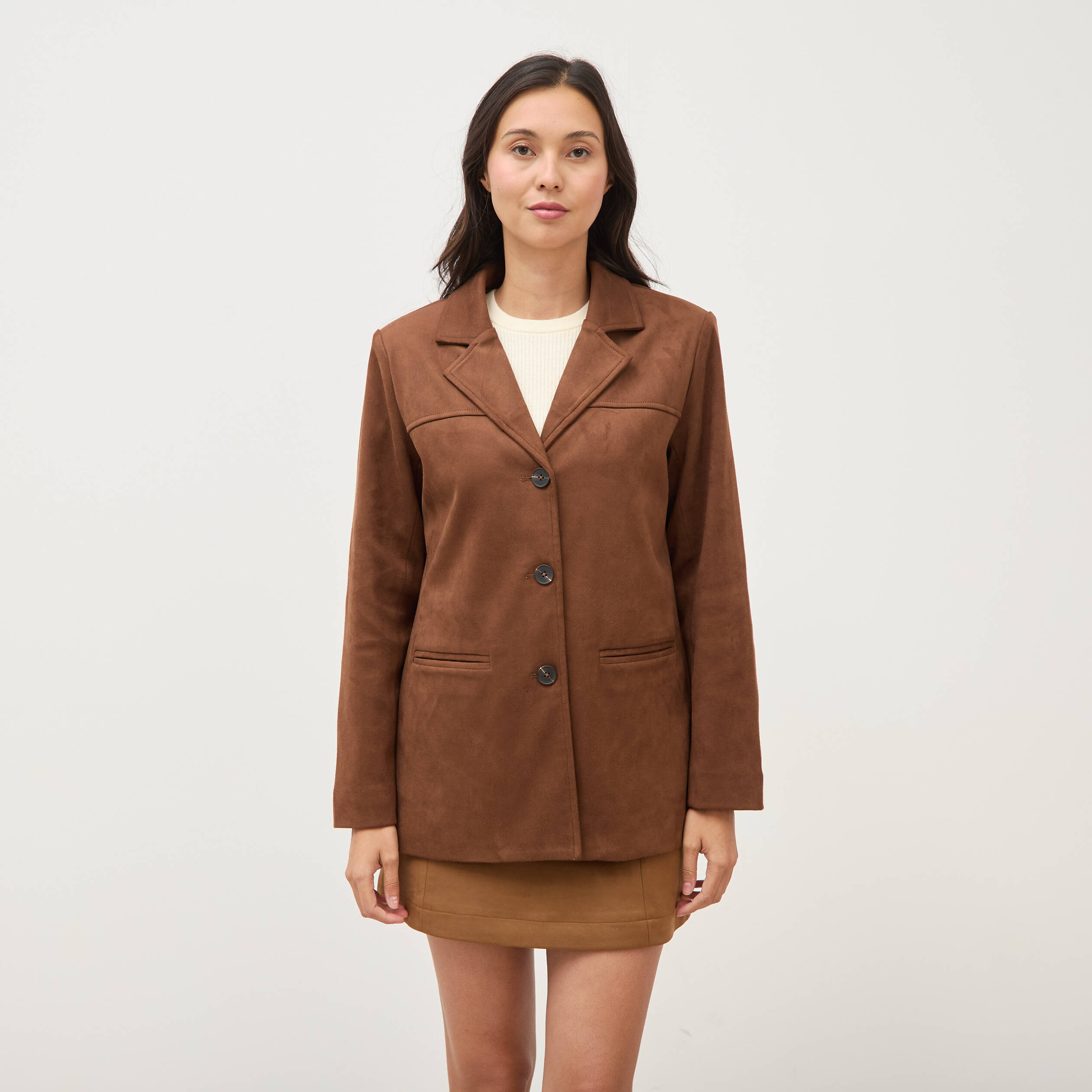 Blazer col tailleur manches longues marron fonc&eacute; femme