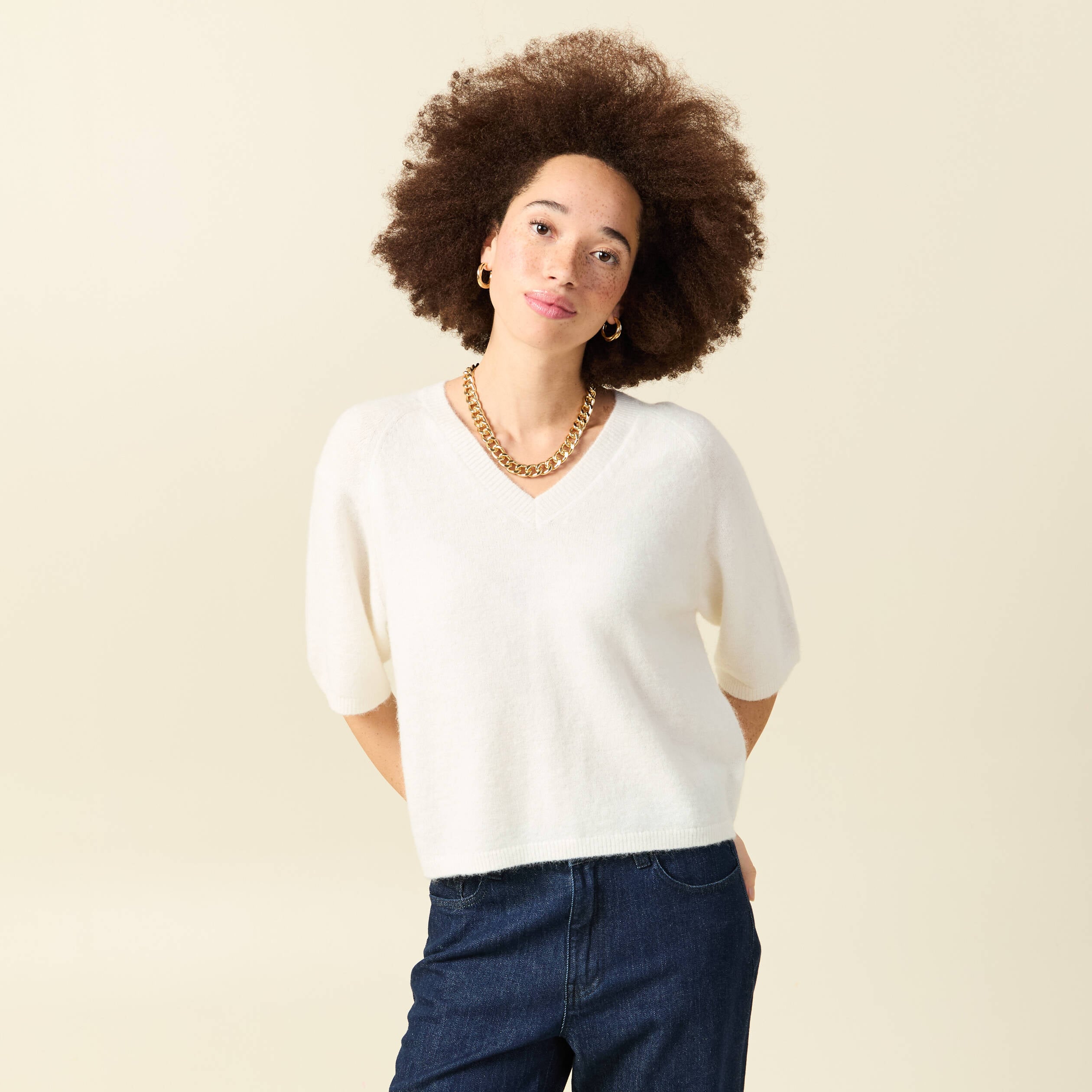 Pull col v manches 3/4 ecru femme