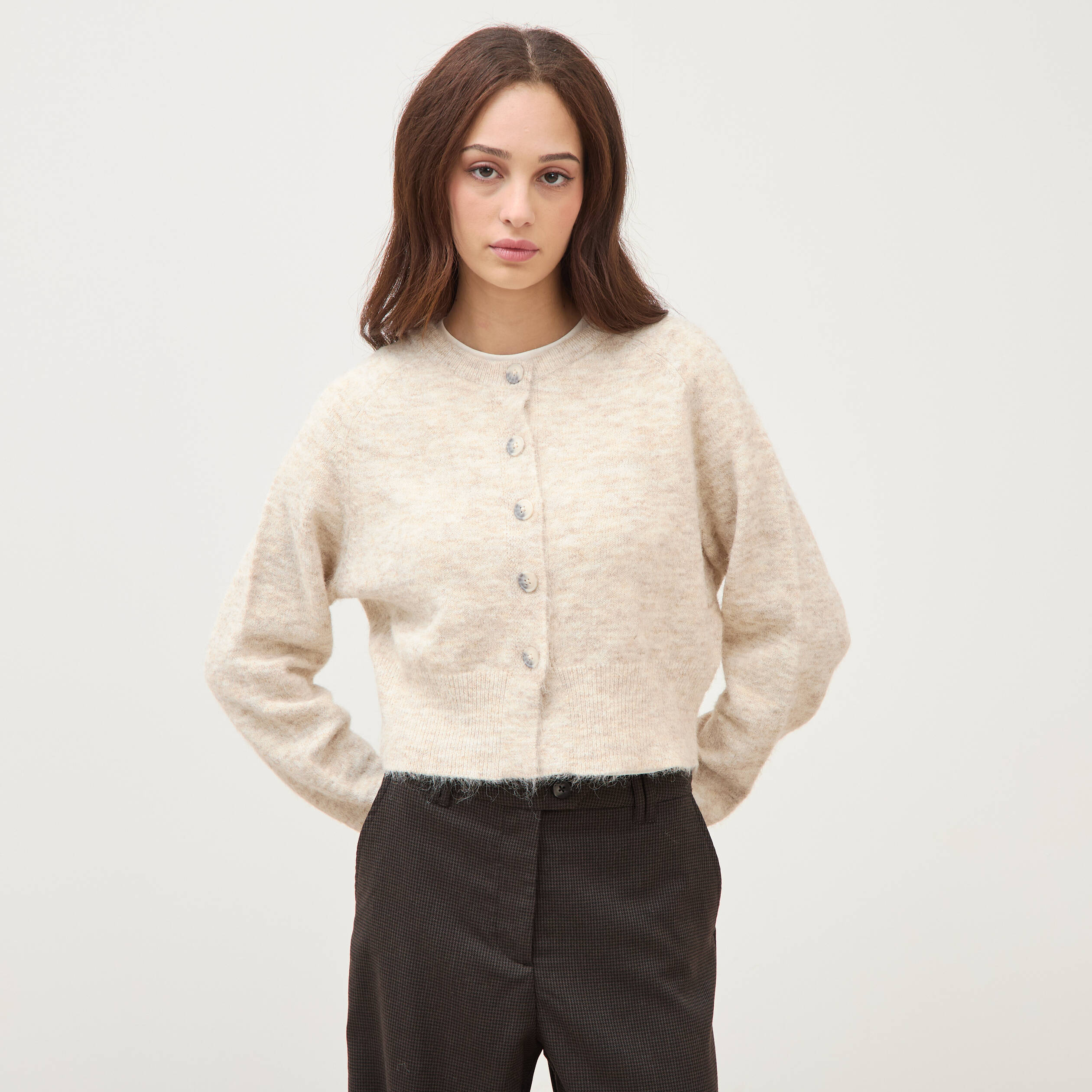 Gilet manches longues col rond creme femme