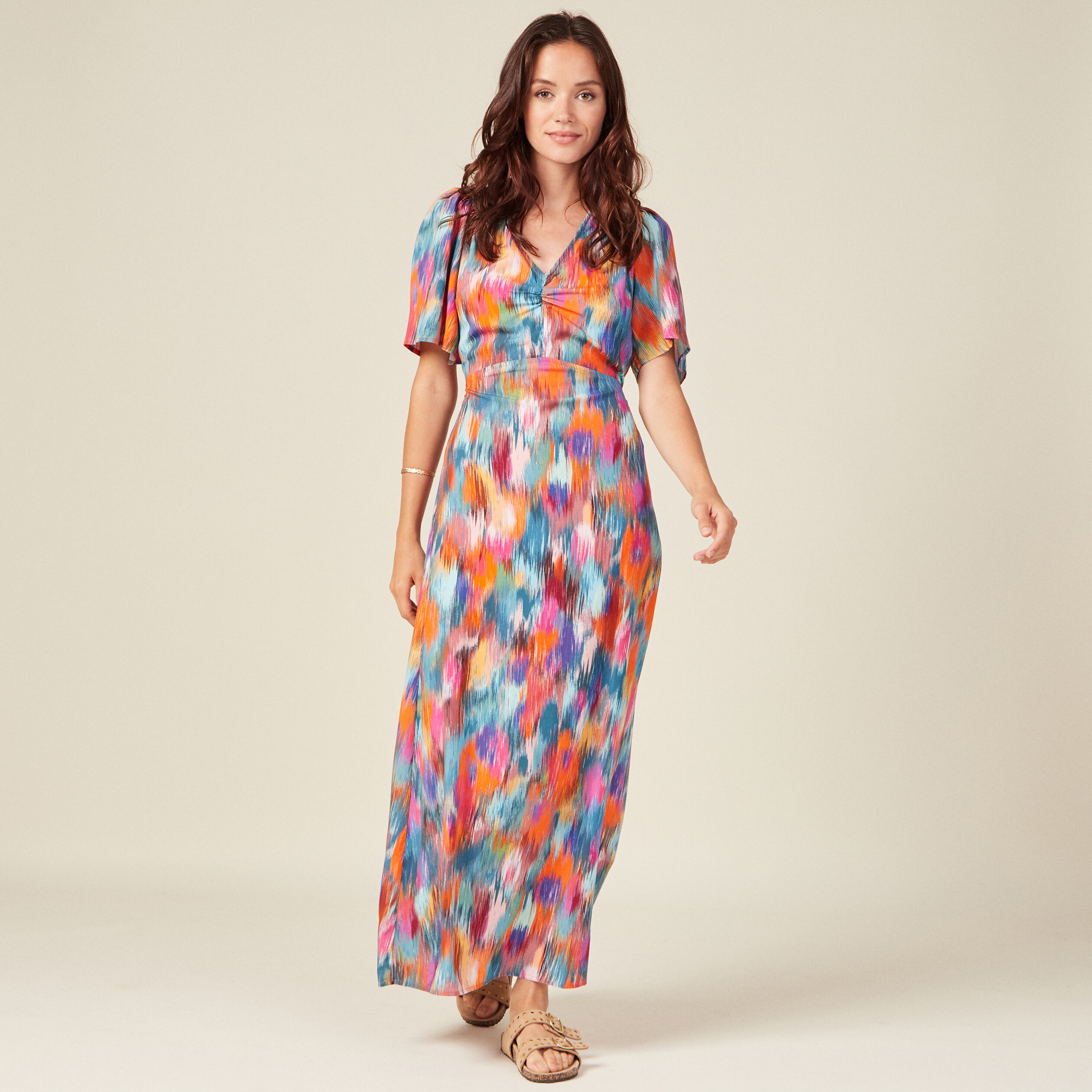 Robe longue droite fluide multicolore femme