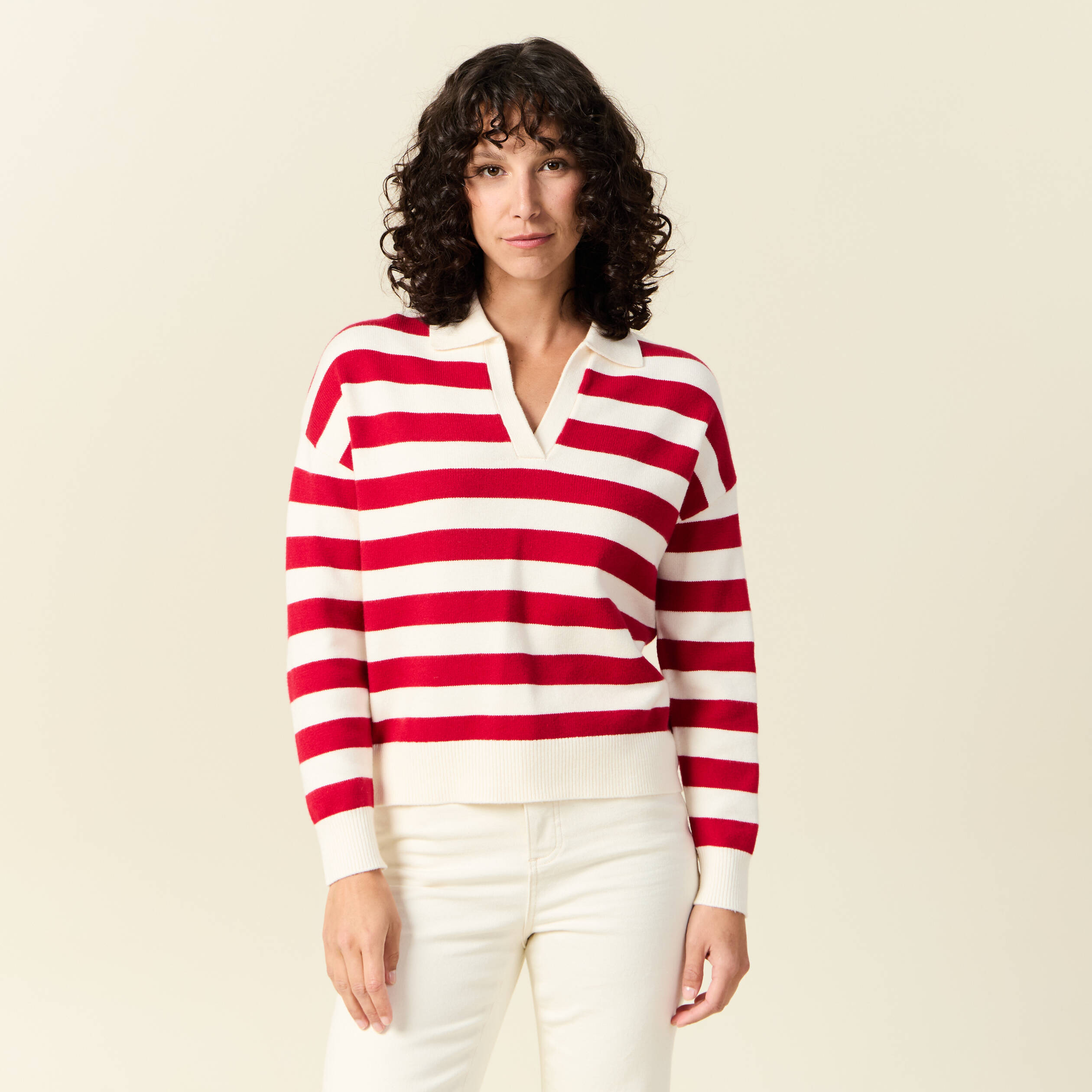 pull manches longues col polo ecru femme Pull manches longues col polo ecru femme
