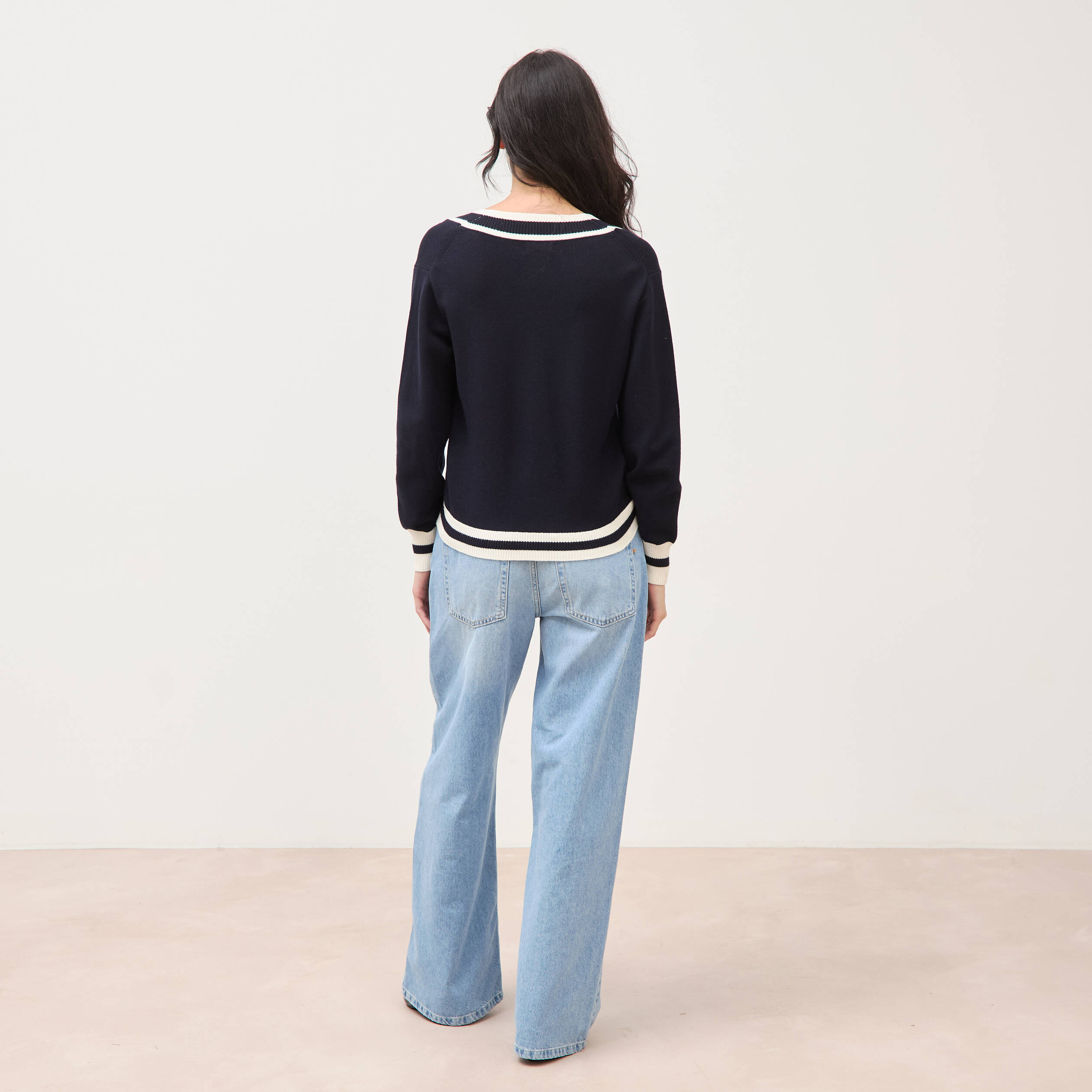 Pull manches longues bleu fonc&eacute; femme