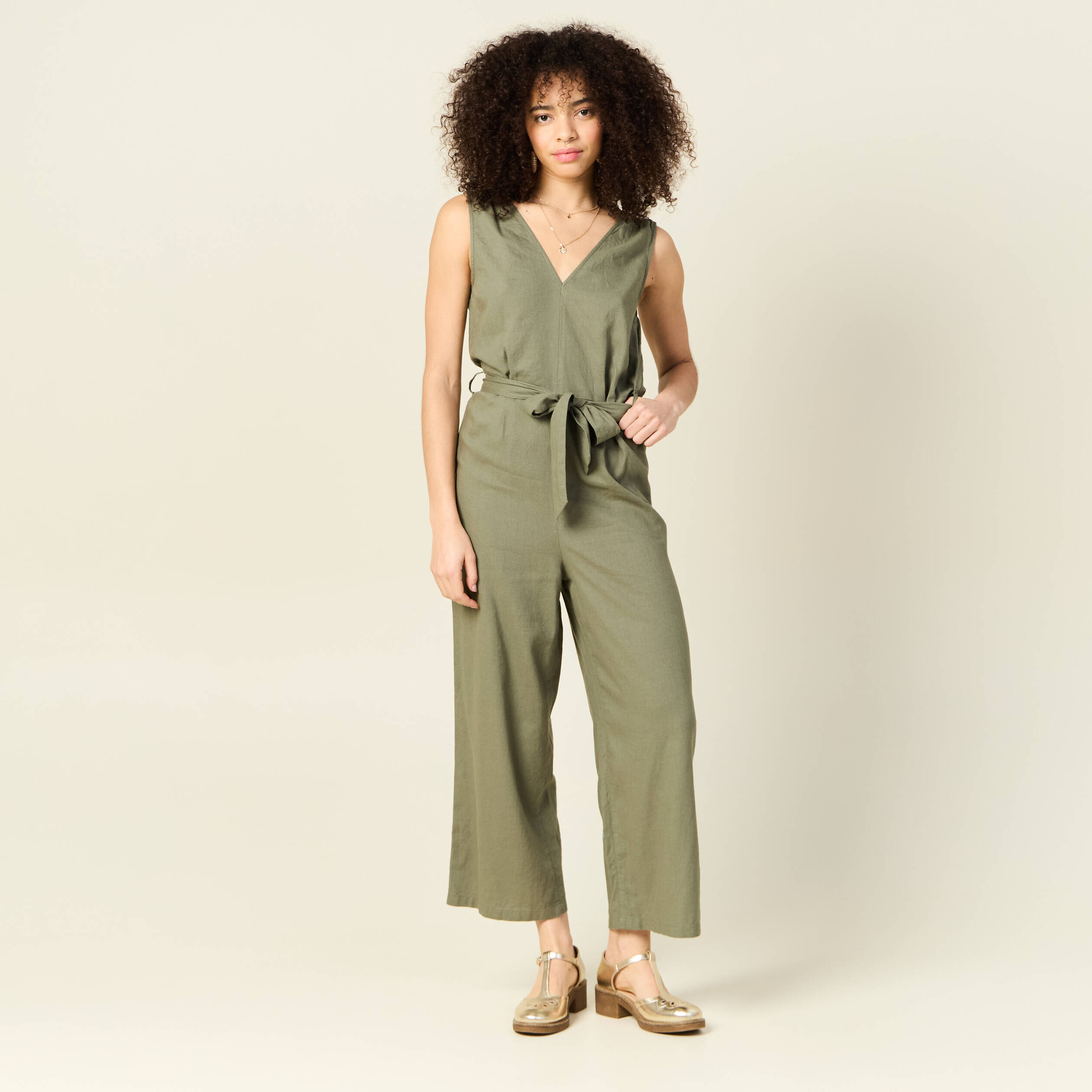 Combinaison salopette fines bretelles vert kaki femme