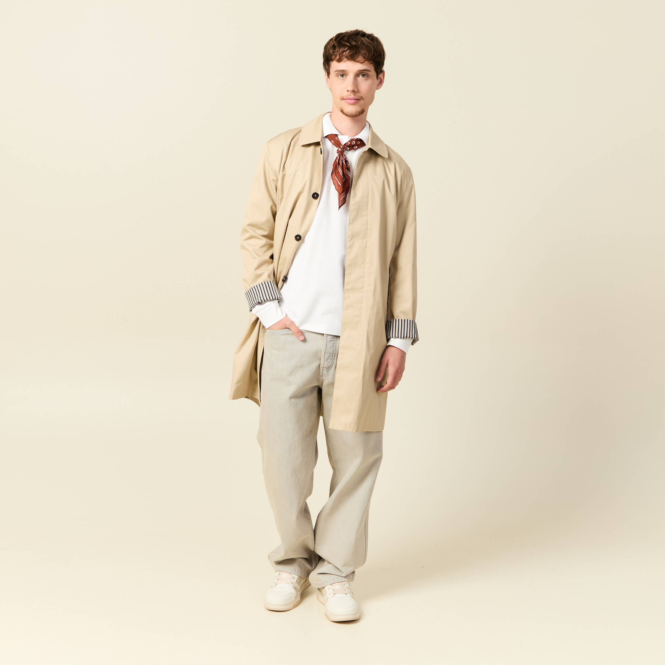 Polo manches longues en coton ecru homme
