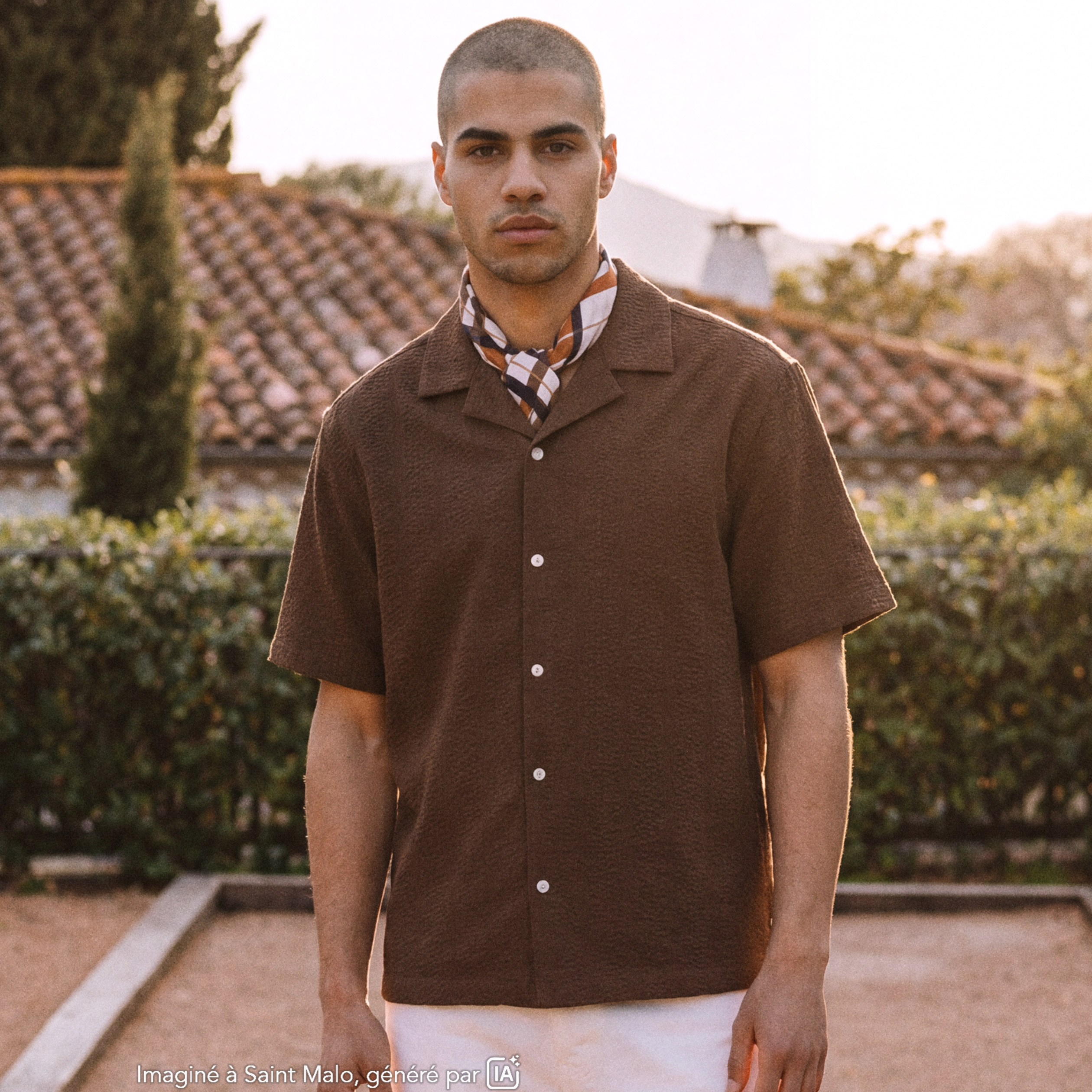 Chemise manches courtes col tailleur taupe homme