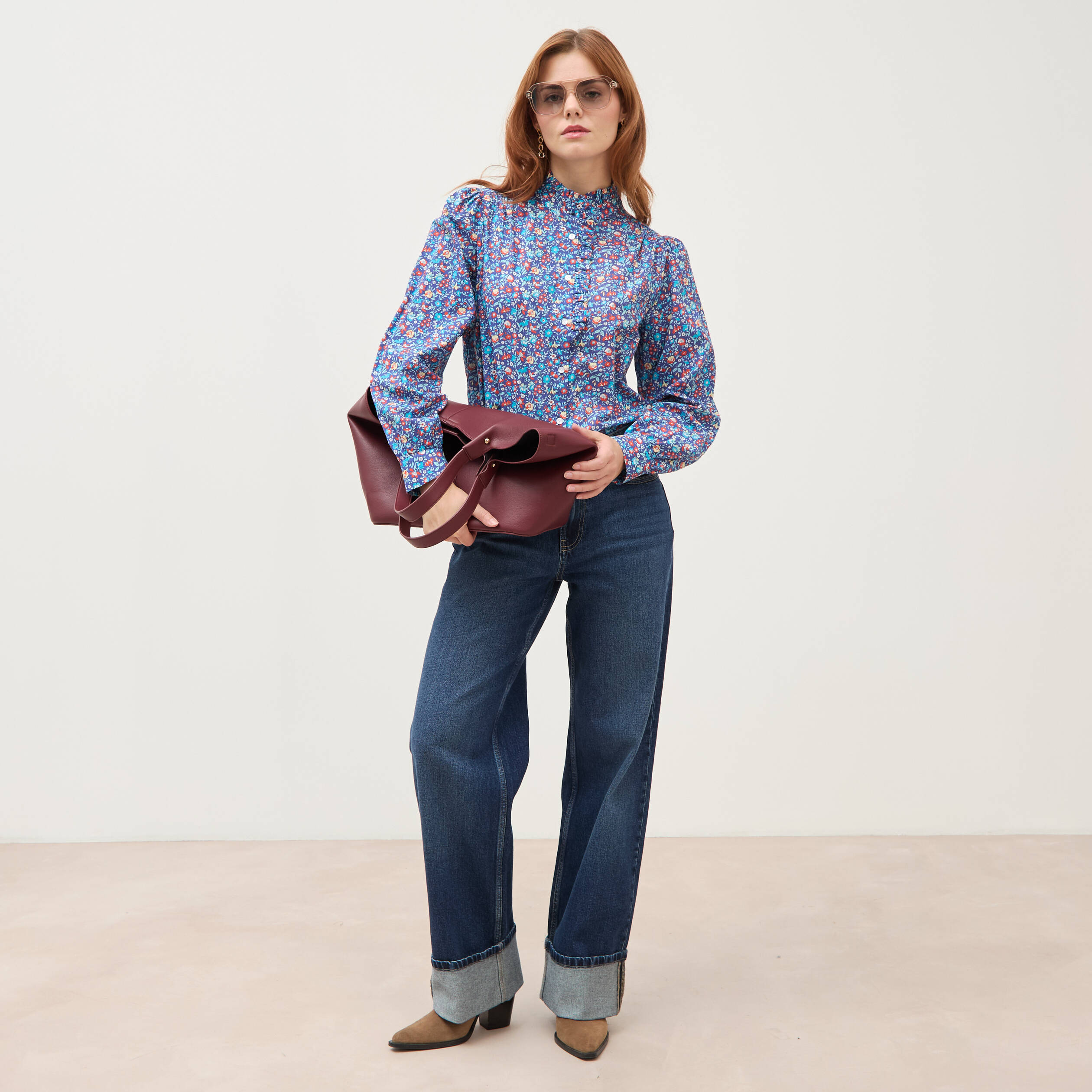 Chemise droite en coton manches longues bleu marine femme