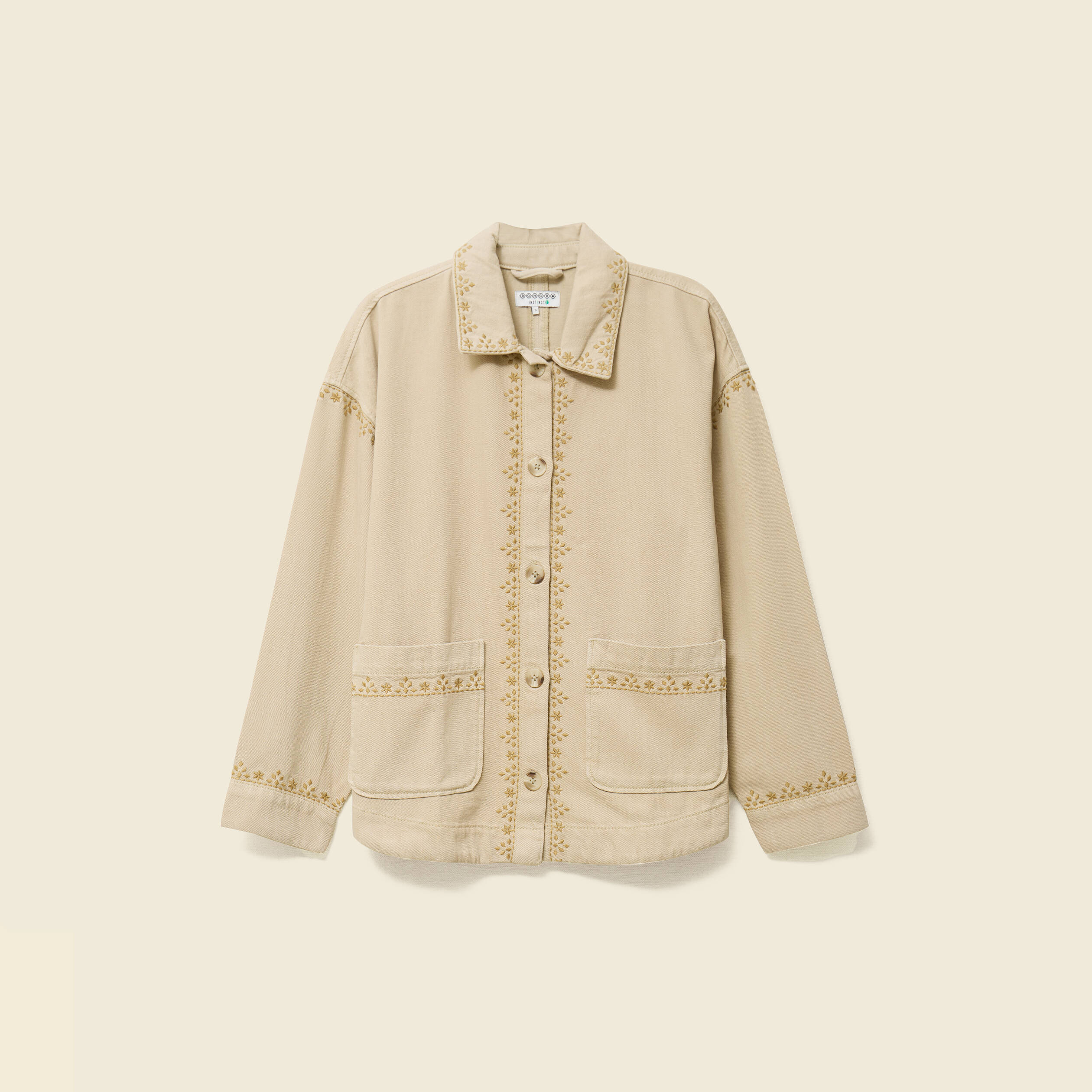 Blouson boutonn&eacute; brod&eacute; beige femme