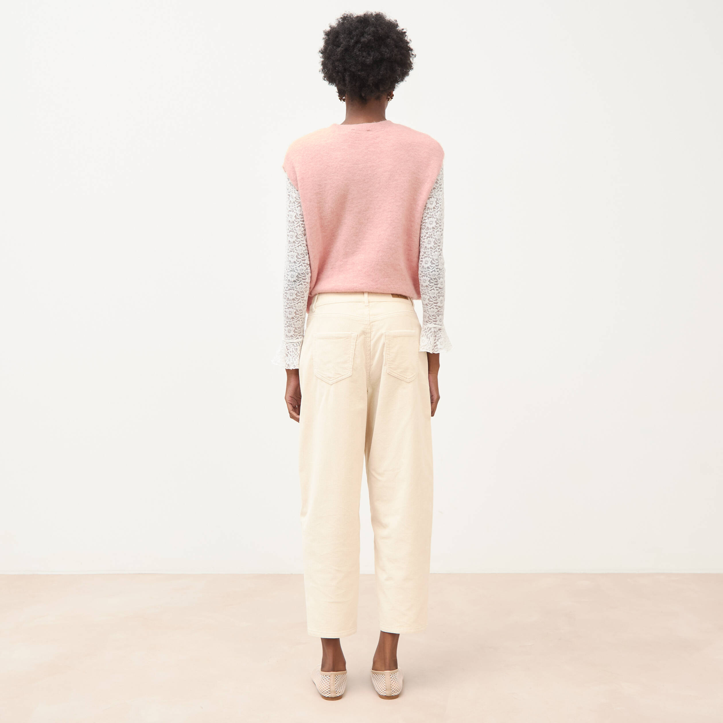 Pantalon barrel taille haute velours ivoire femme