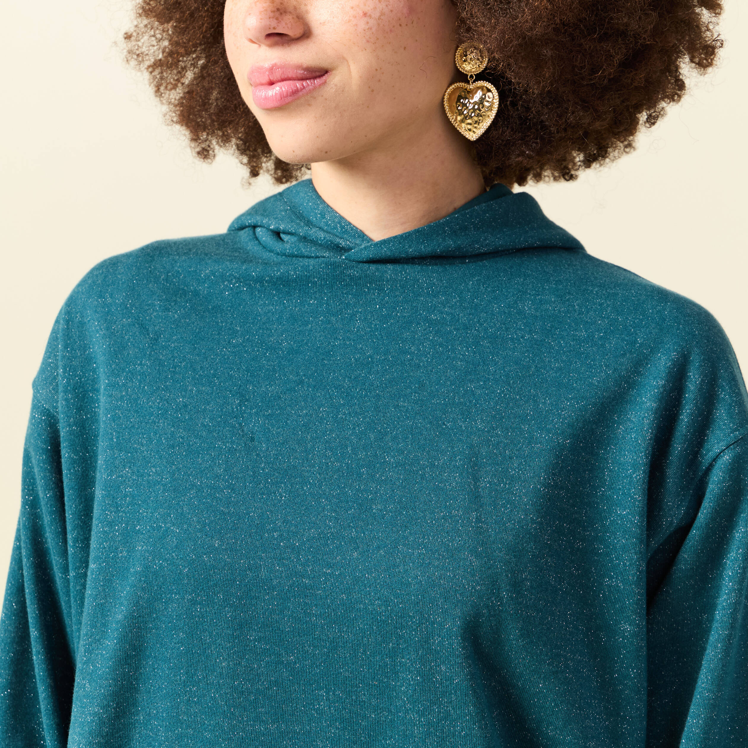Sweat &agrave; capuche manches longues brillant bleu canard femme