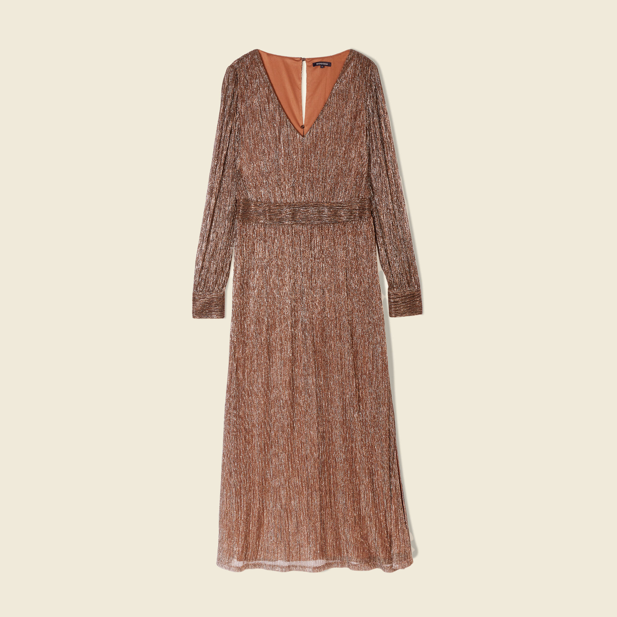 robe longue evasee col en v marron cognac femme Robe longue évasée col en V marron cognac femme