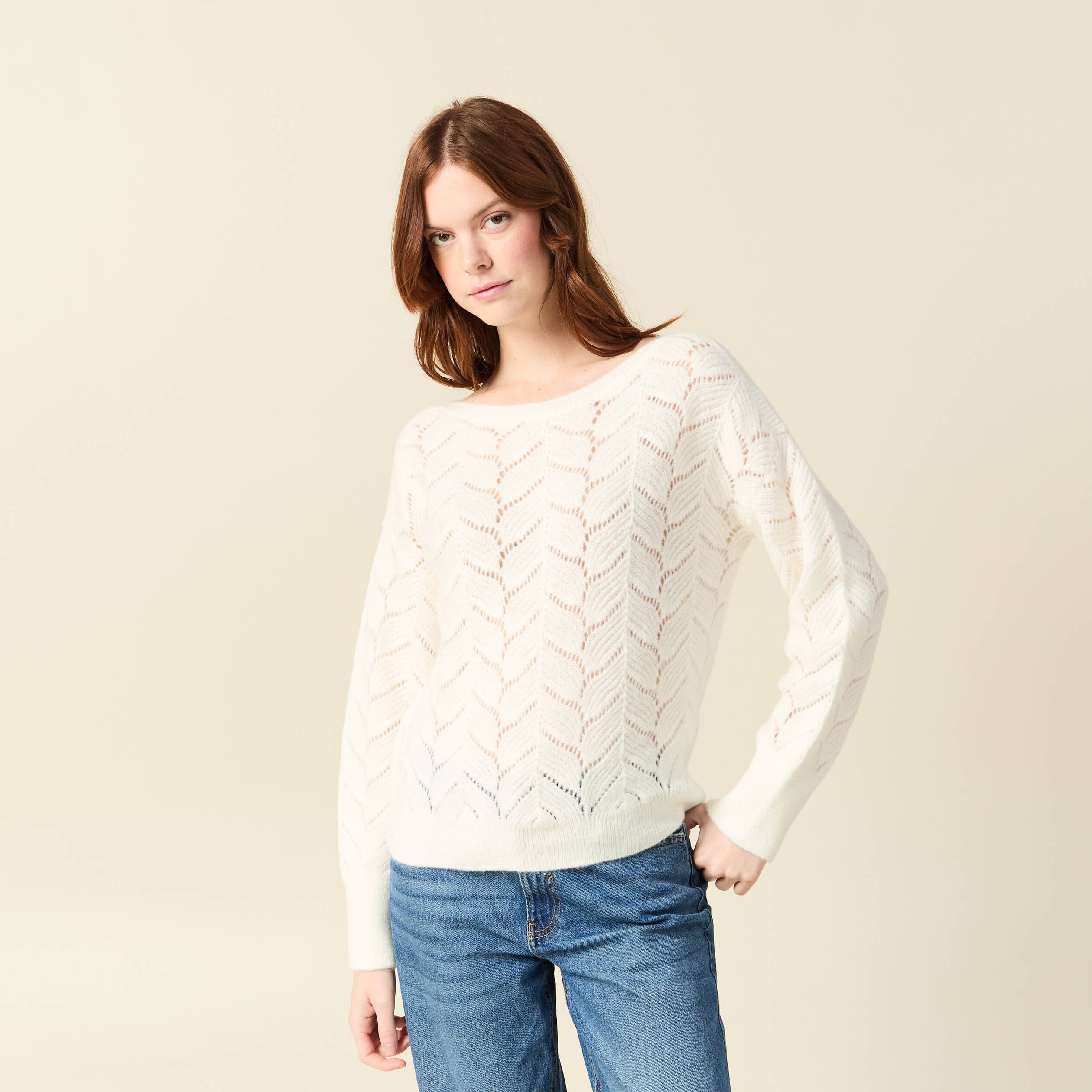 Pull ajour&eacute; col bateau manches longues ecru femme