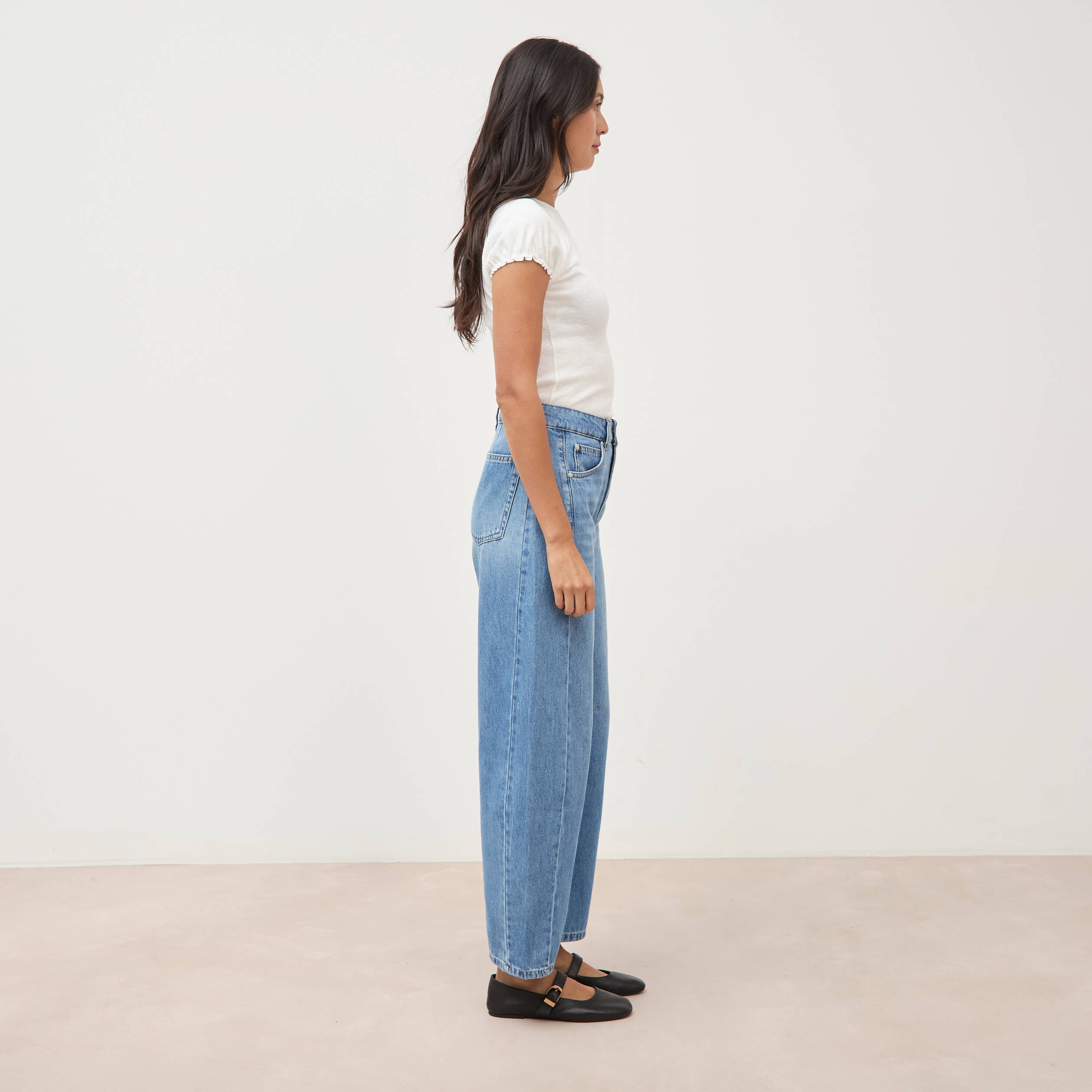 Jeans barrel taille haute broderie denim used femme