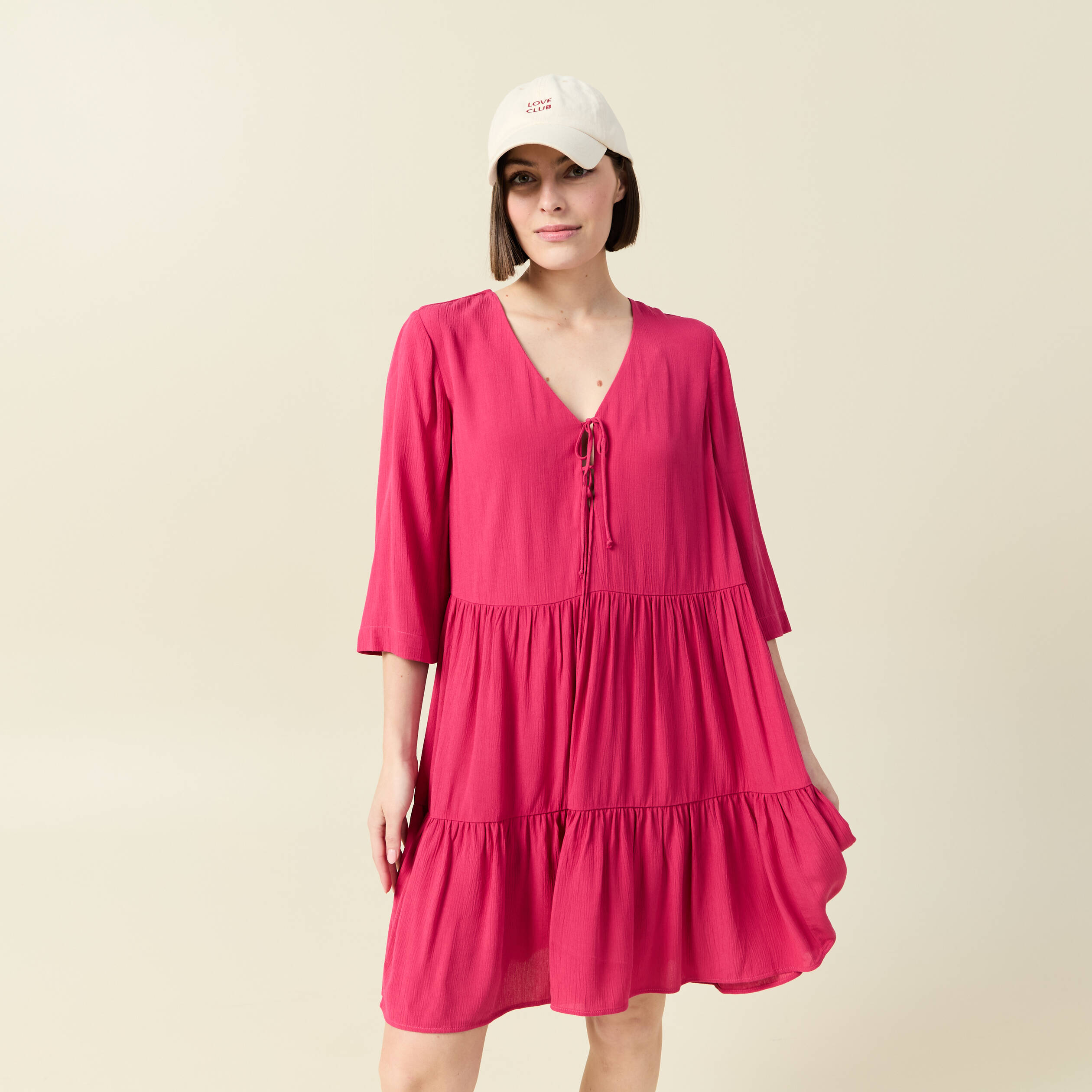robe evasee manches 34 rose framboise femme Robe évasée manches 3/4 rose framboise femme