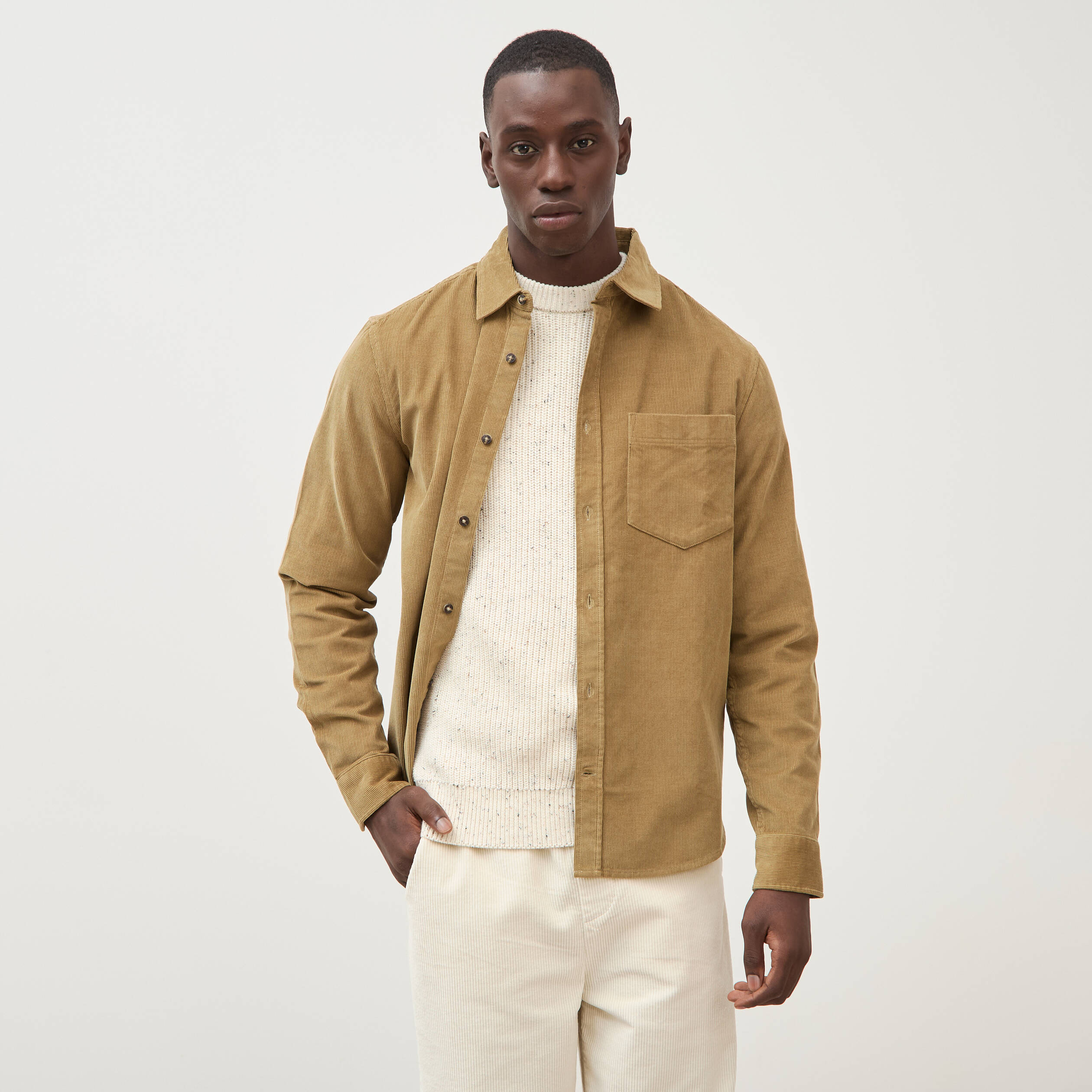Chemise col classique en velours vert kaki homme