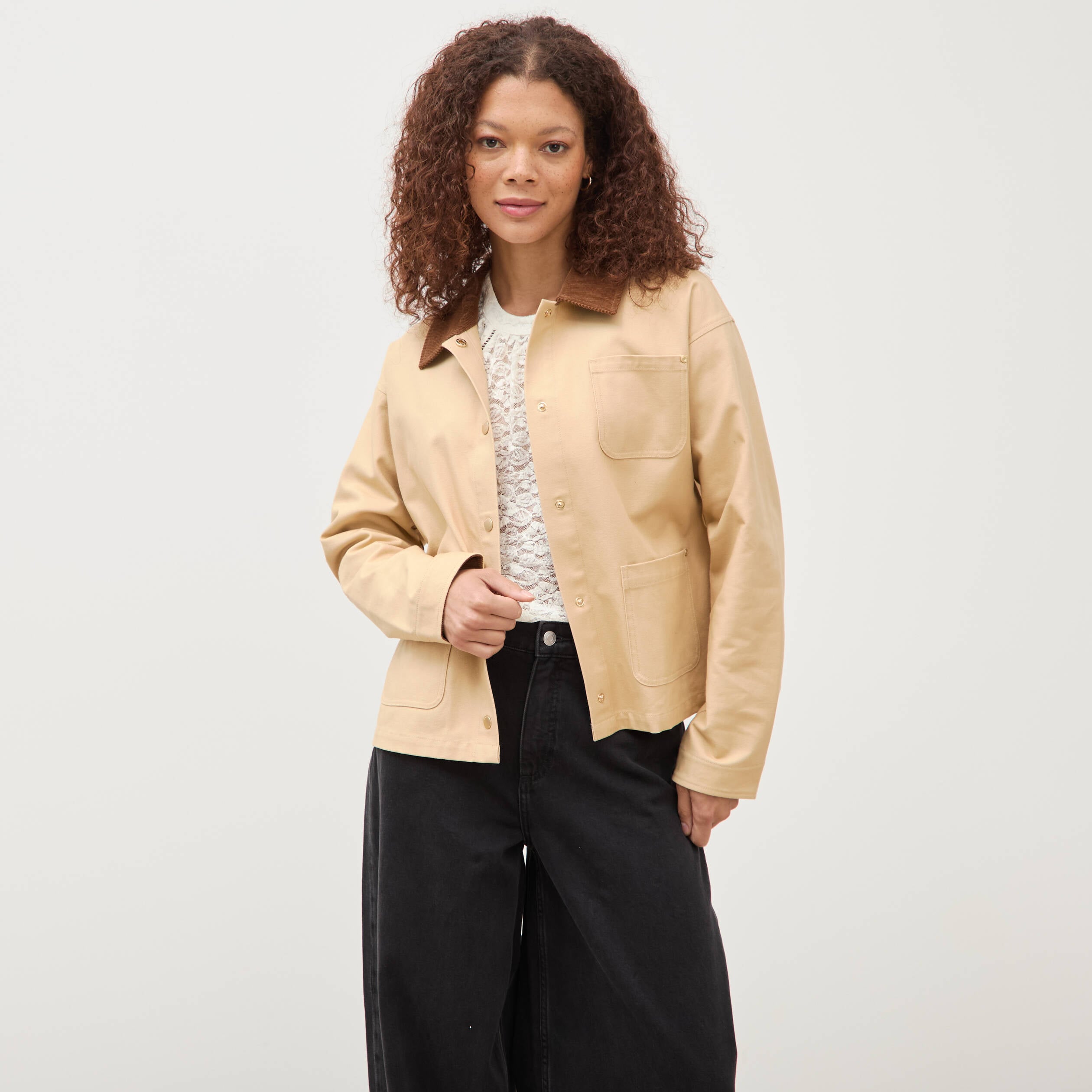 Veste manches longues col classique taupe femme