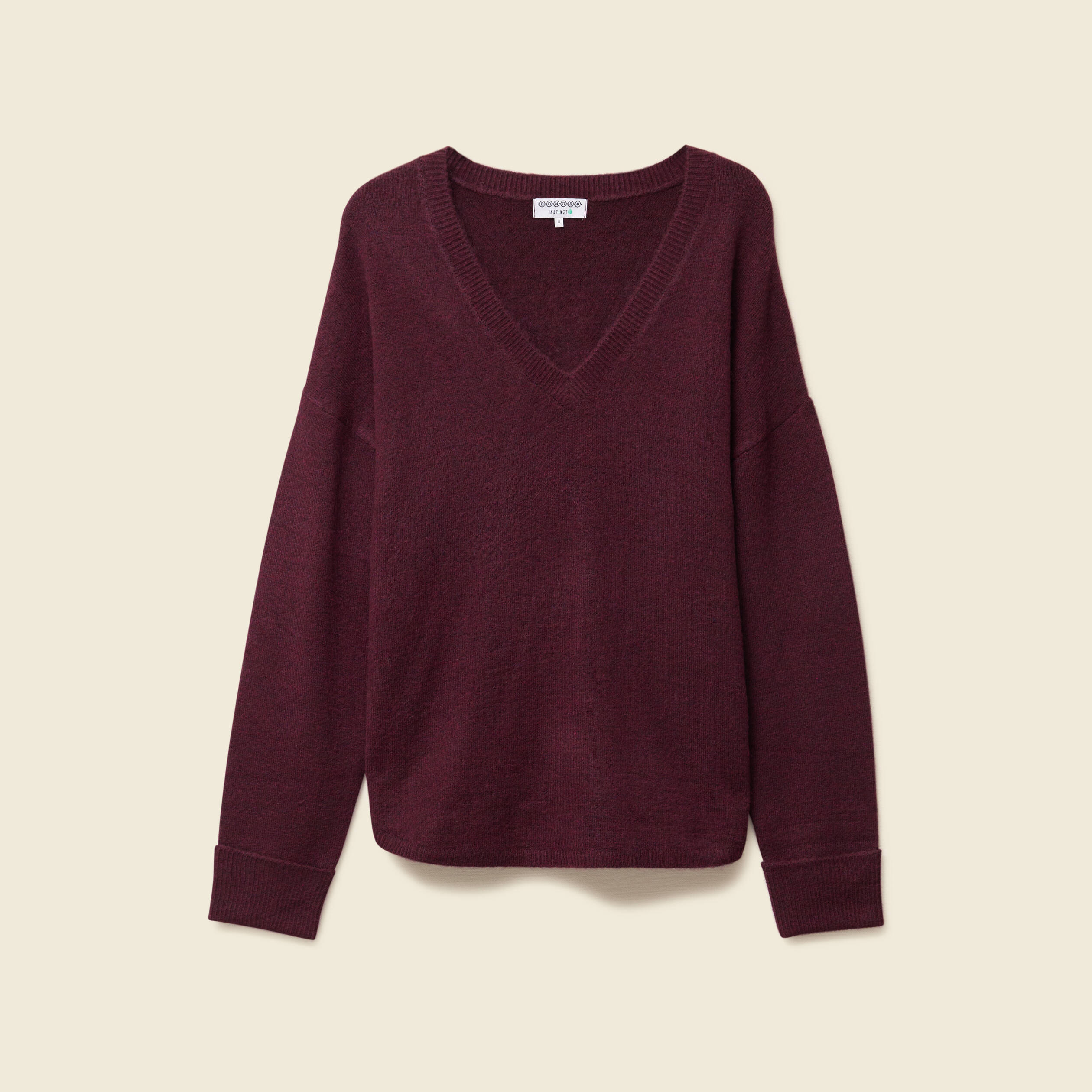 Pull manches longues col en V prune femme