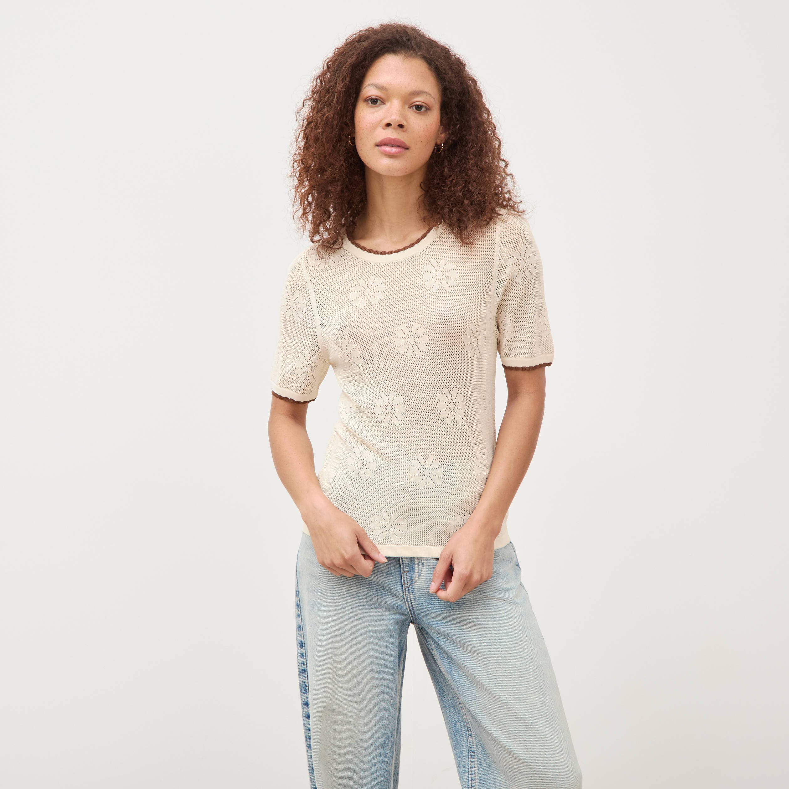 Pull droit court manches courtes ecru femme