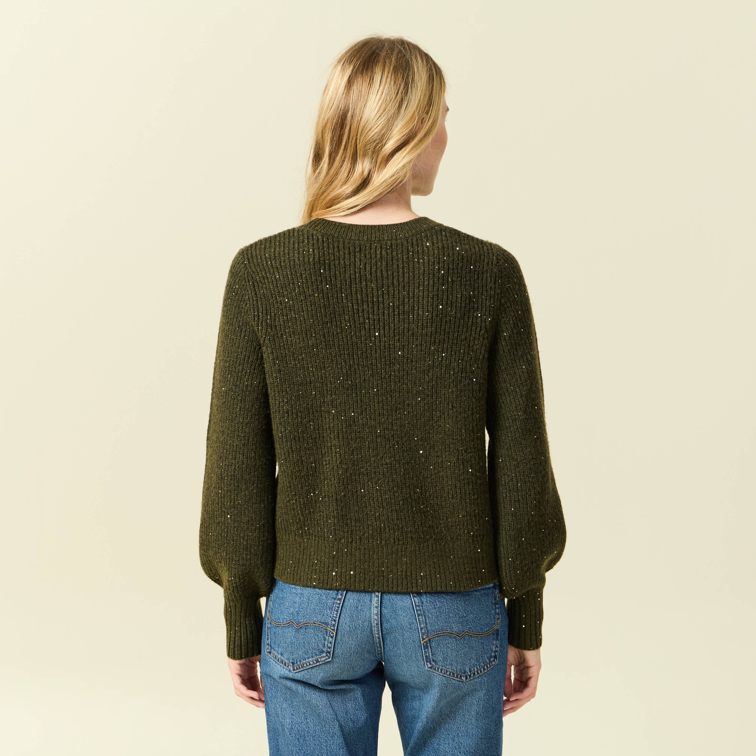 Pull manches longues col rond &agrave; sequins vert kaki femme