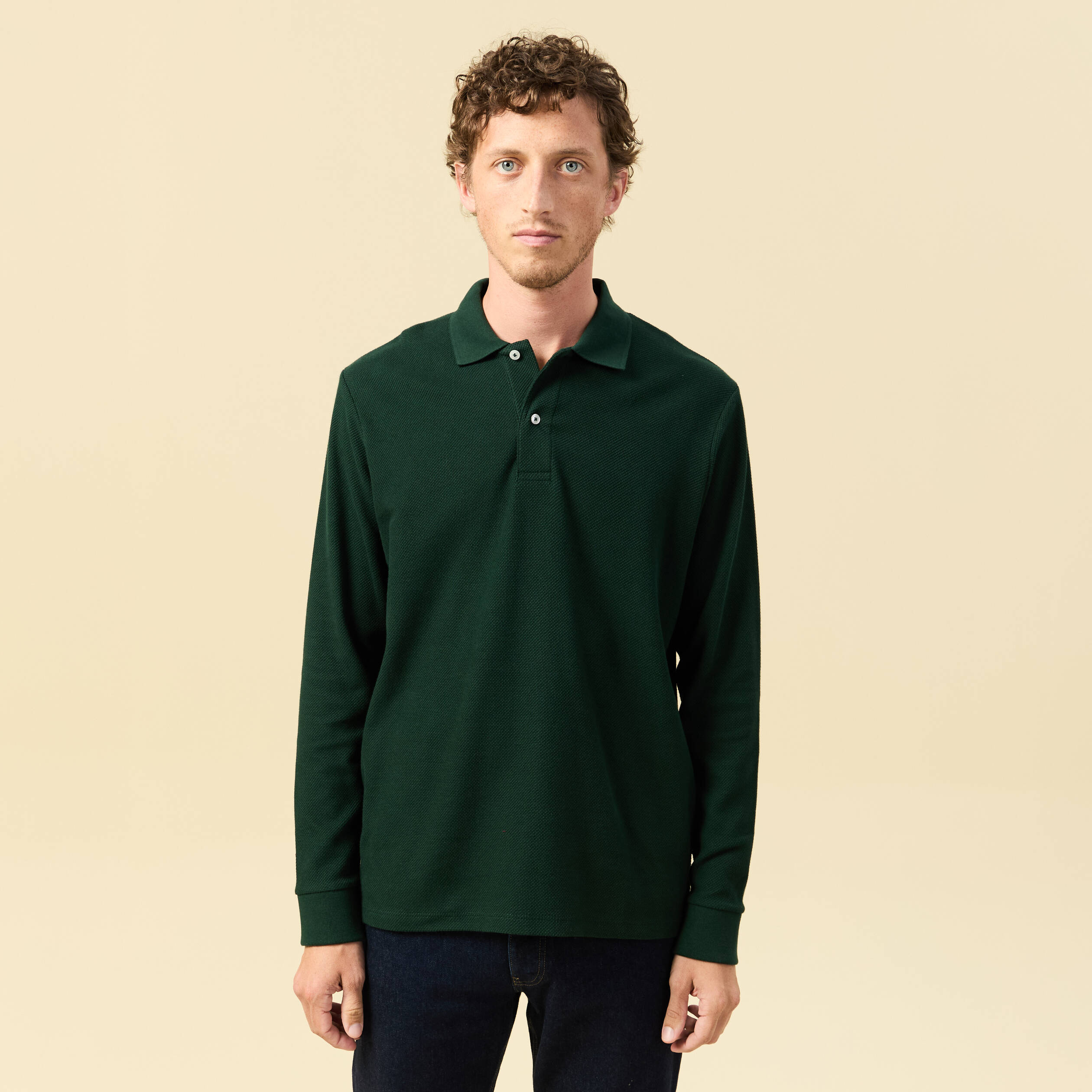 Polo manches longues en coton vert fonc&eacute; homme