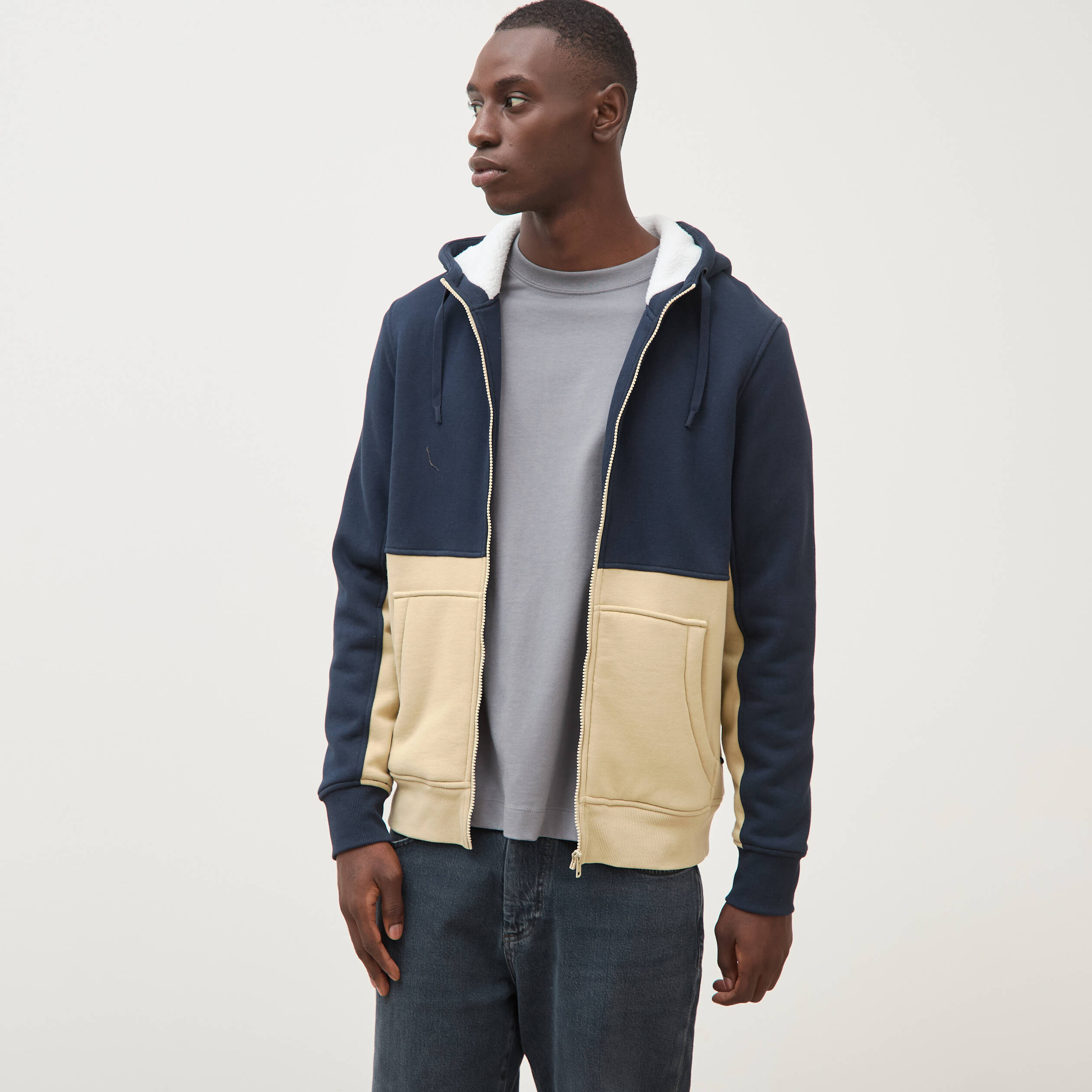Sweat droit sherpa &agrave; capuche bleu marine homme