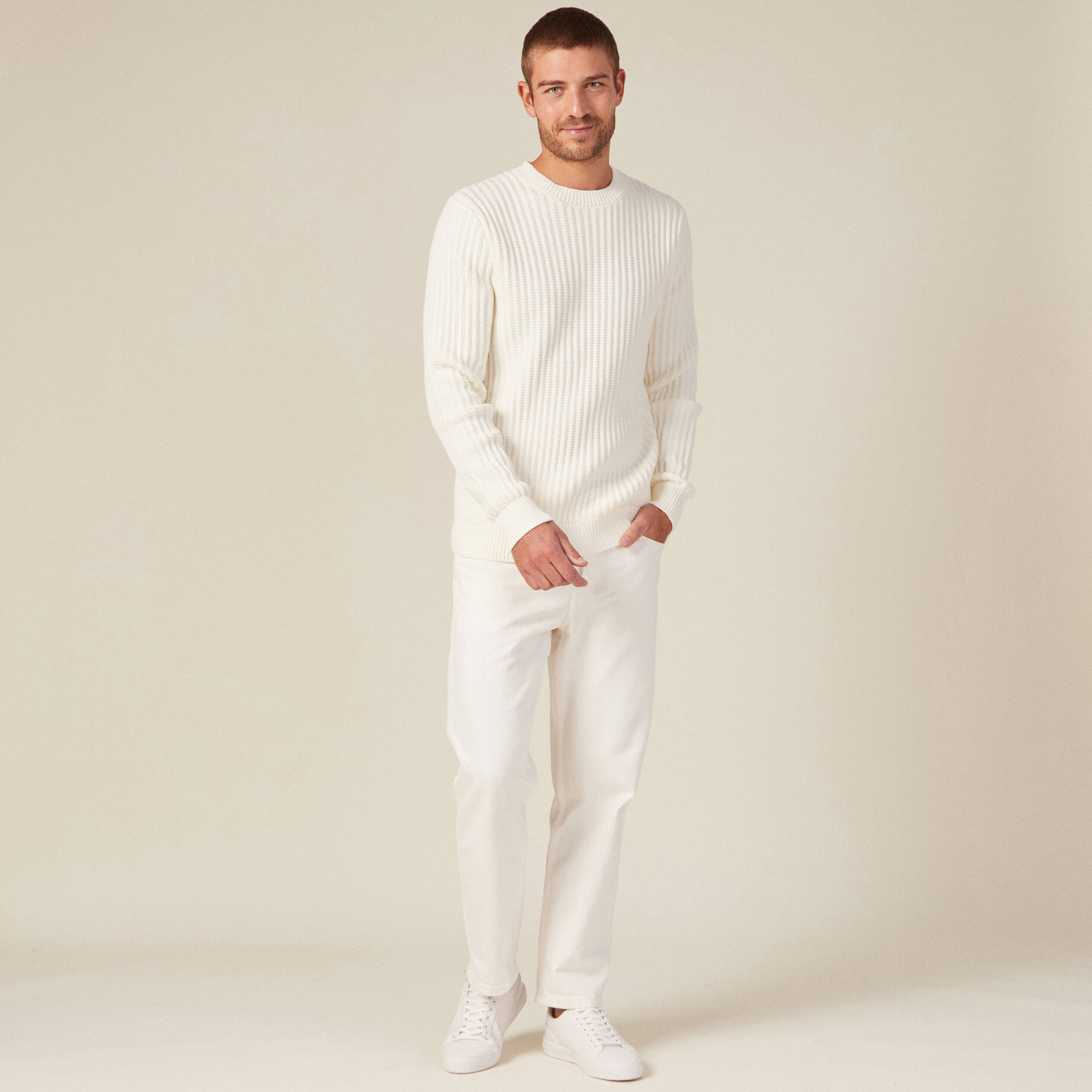 Pull manches longues col rond ecru homme