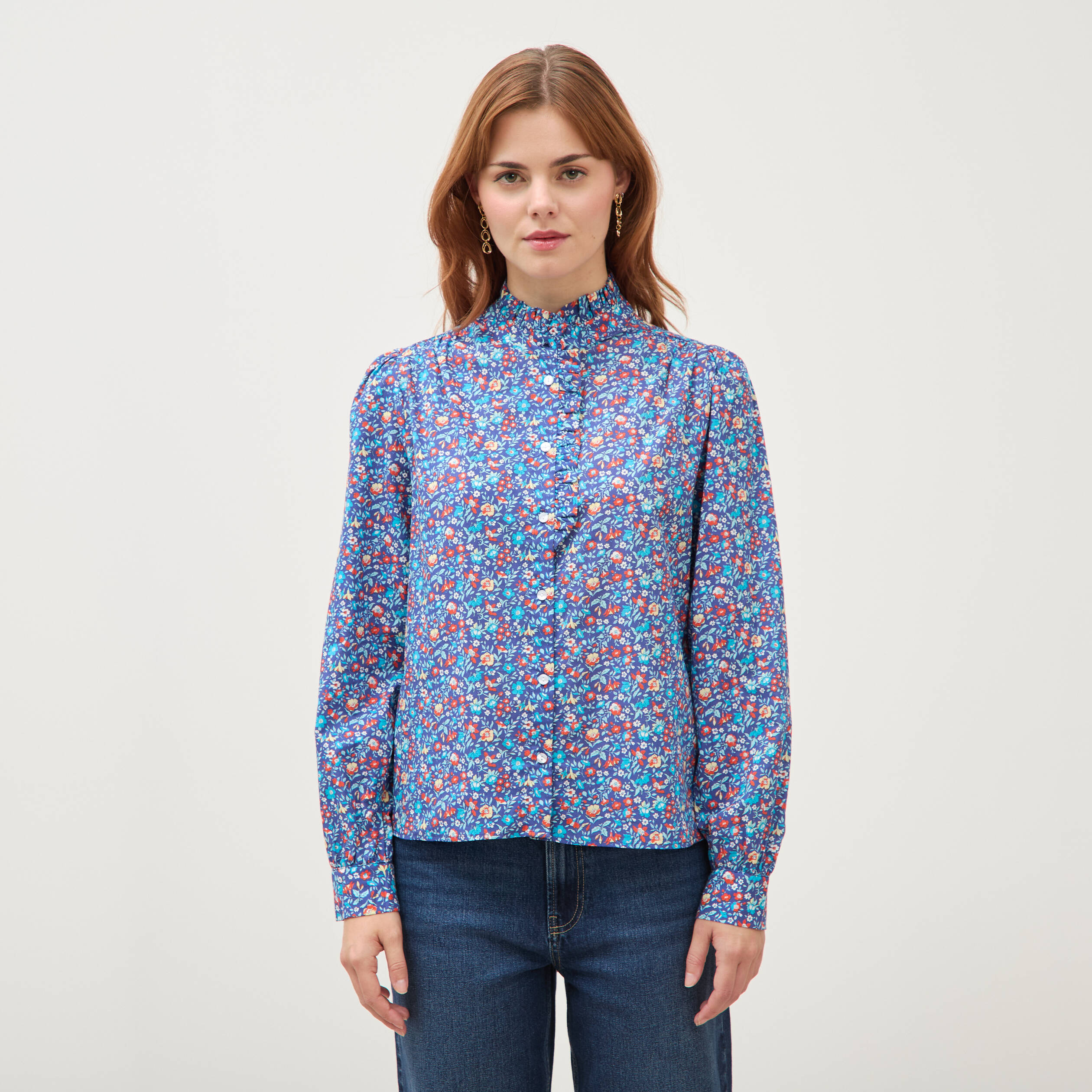 Chemise droite en coton manches longues bleu marine femme