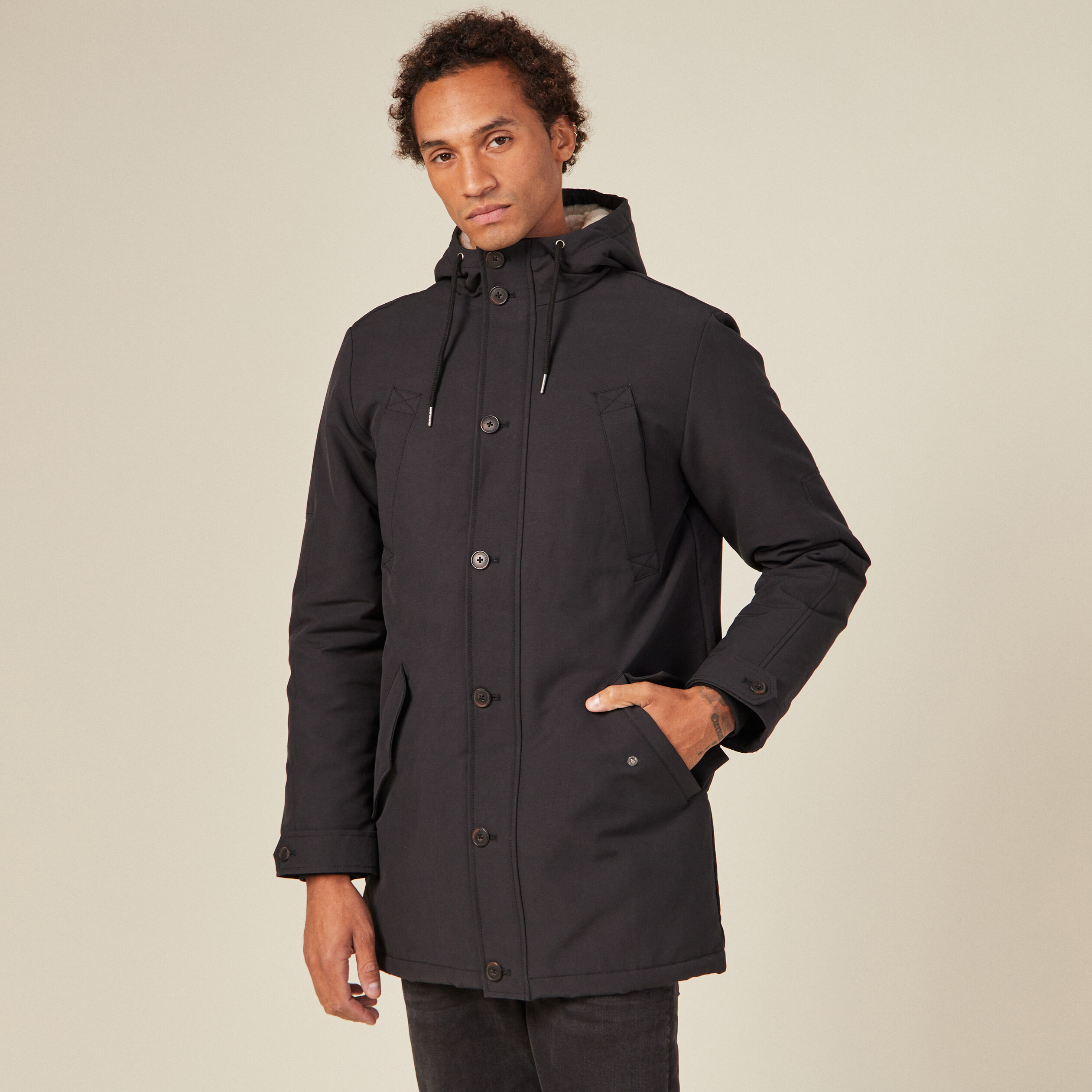 Parka droite à capuche noir homme