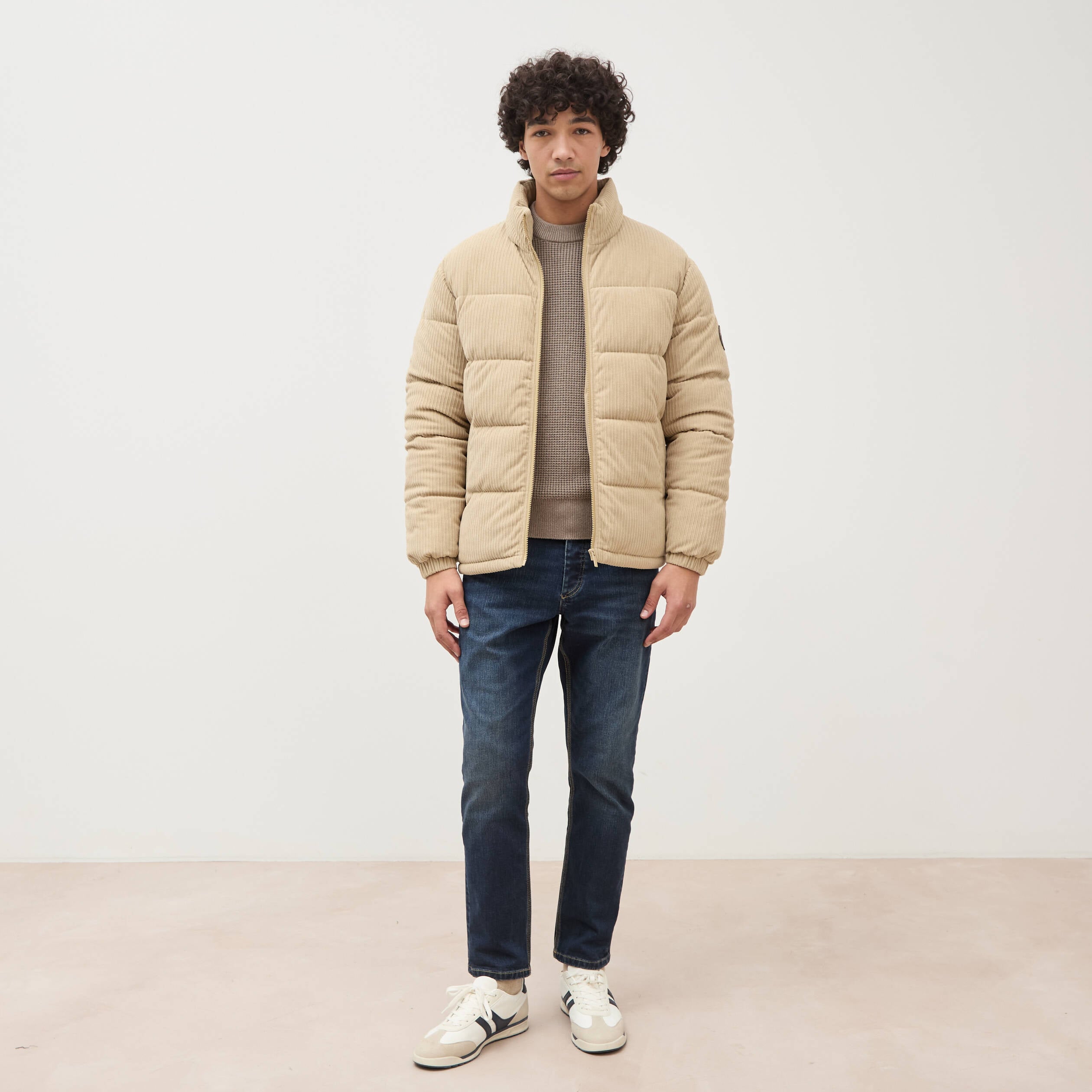 Doudoune manches longues en velours beige homme