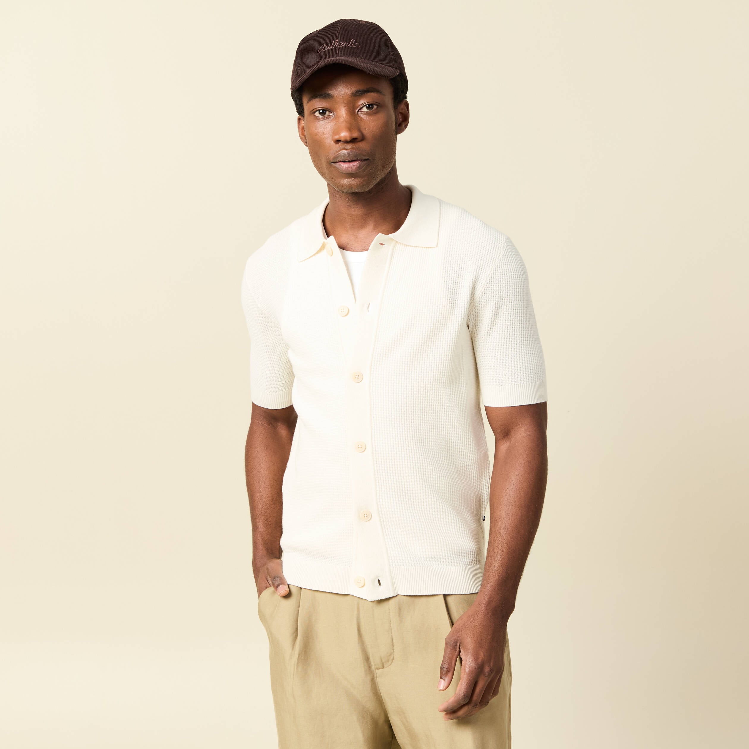 Chemise manches courtes col polo ecru homme