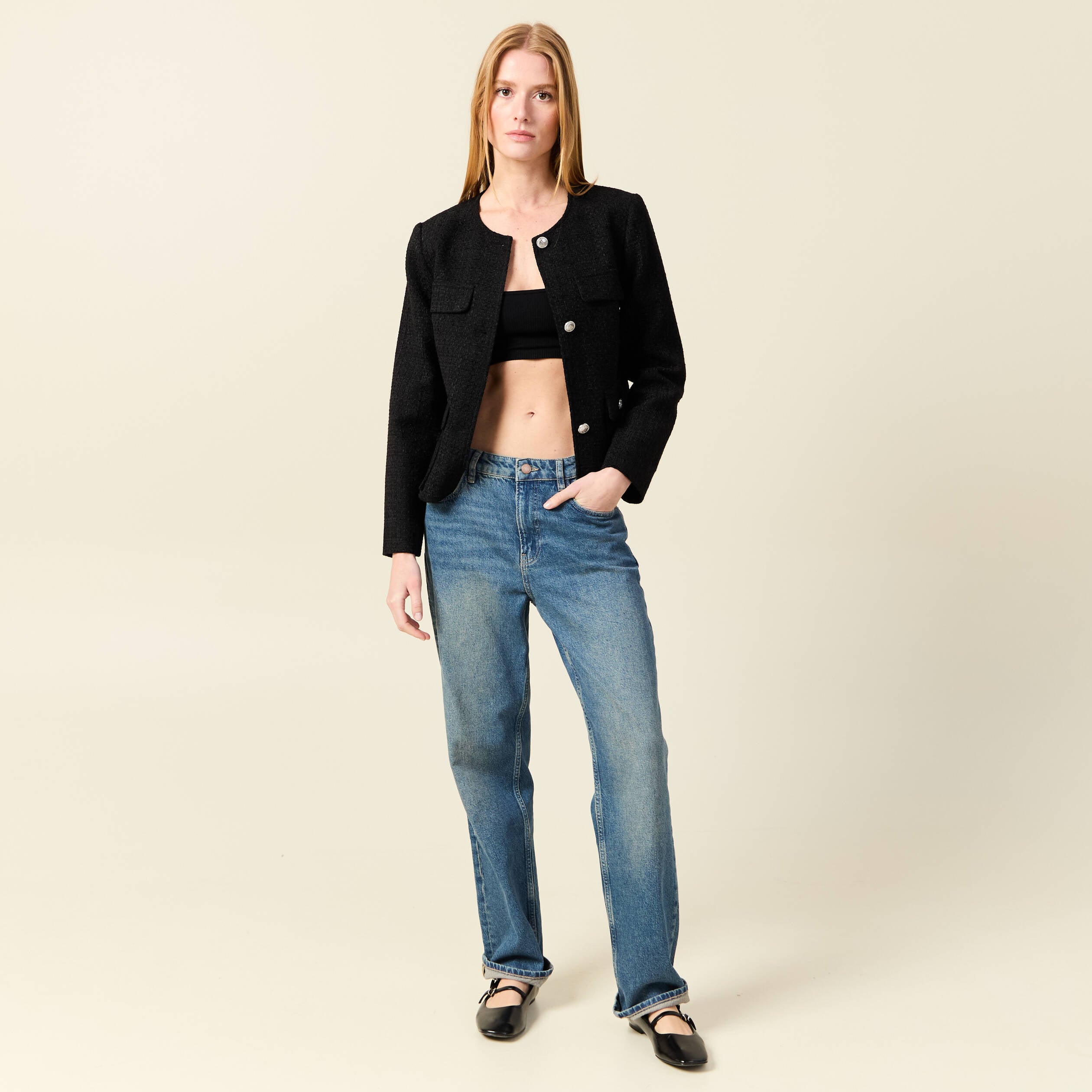 Veste manches longues en tweed noir femme