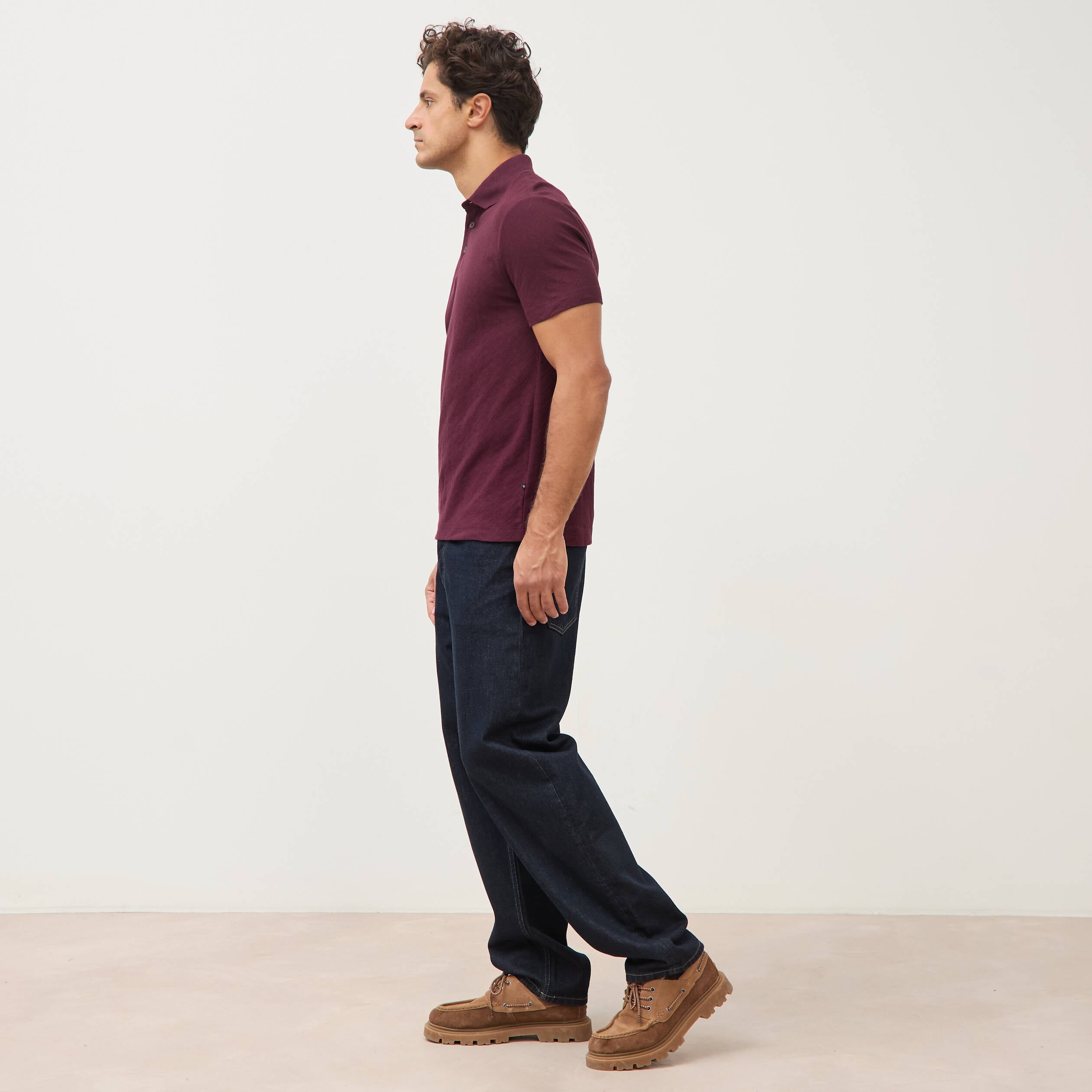 Polo droit en coton manches courtes prune homme