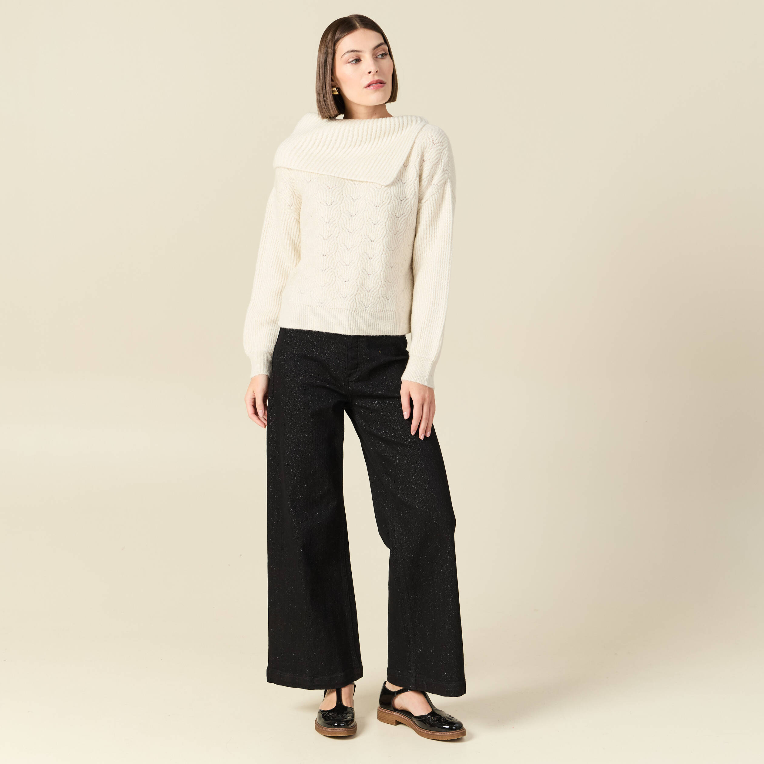 Pull ajour&eacute; manches longues bardot ecru femme