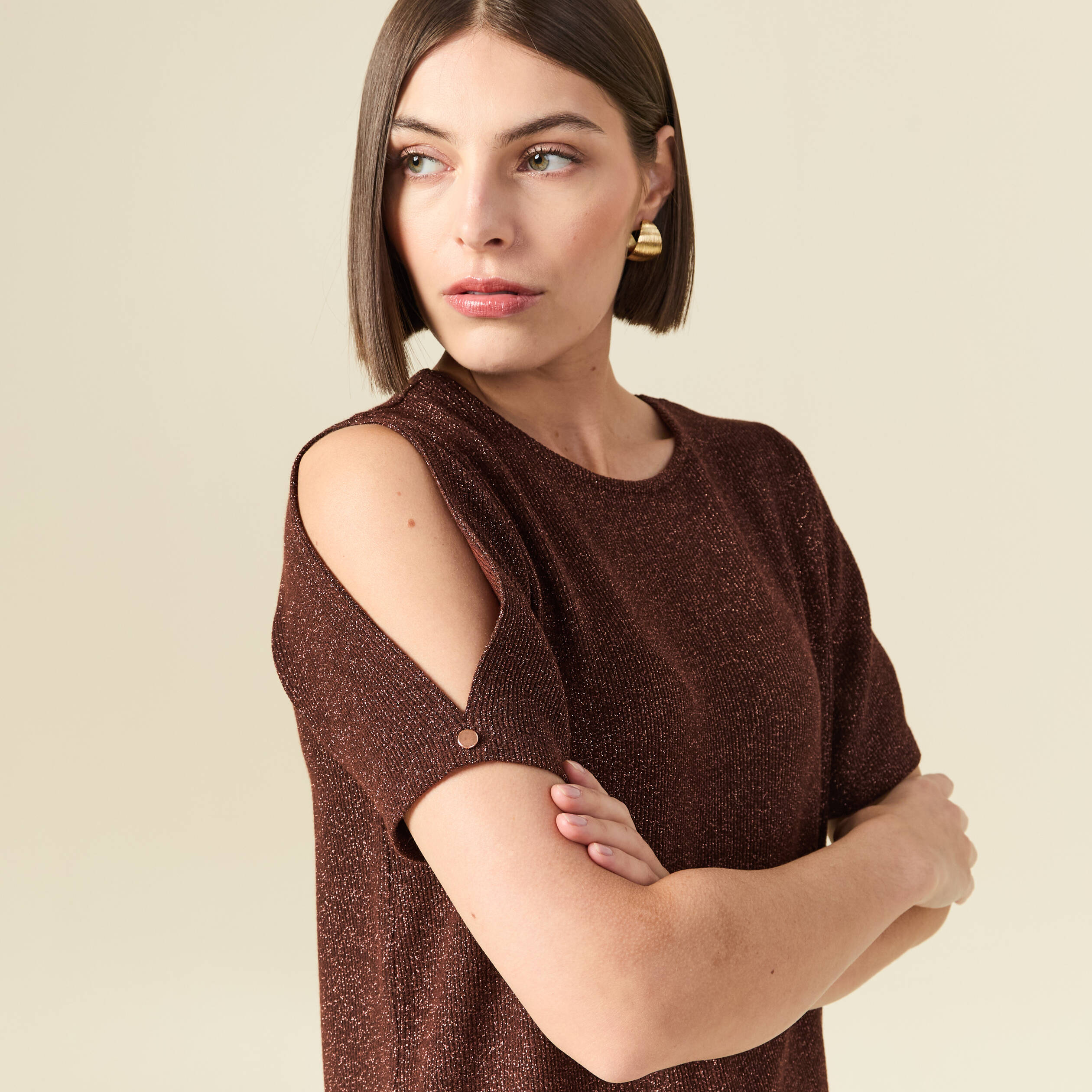 T-shirt manches courtes brillant marron femme