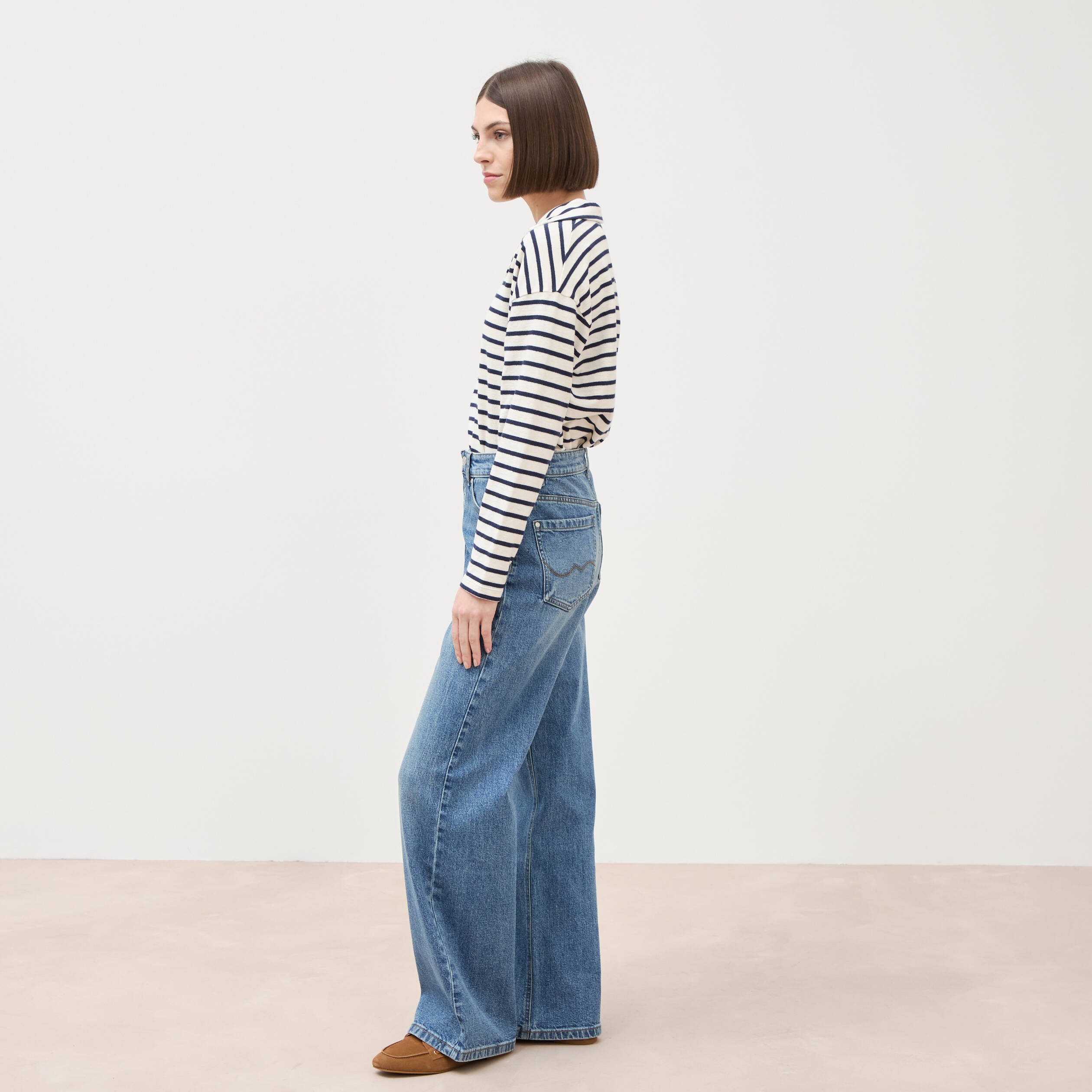 Jeans large taille haute denim stone femme