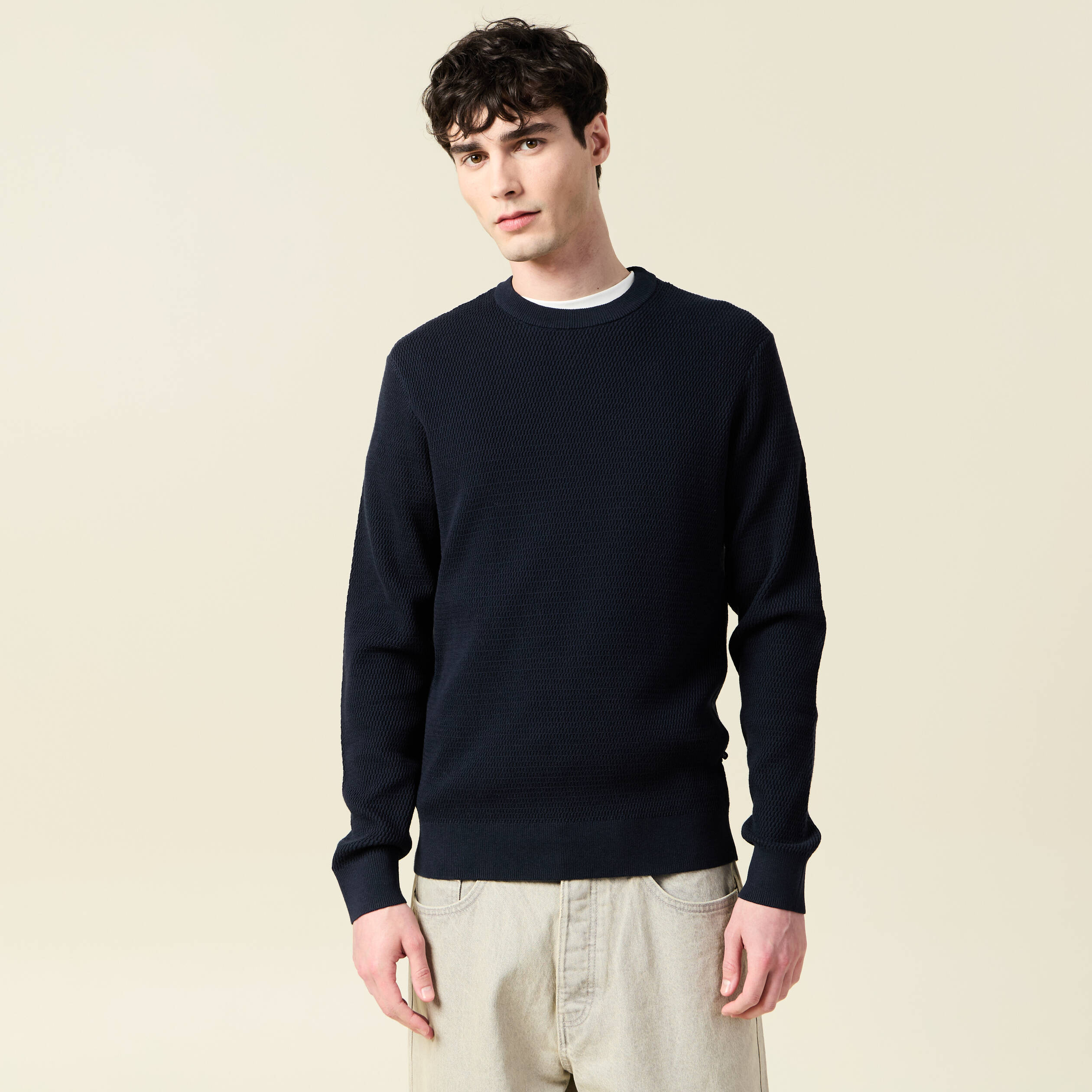 Pull droit manches longues bleu marine homme