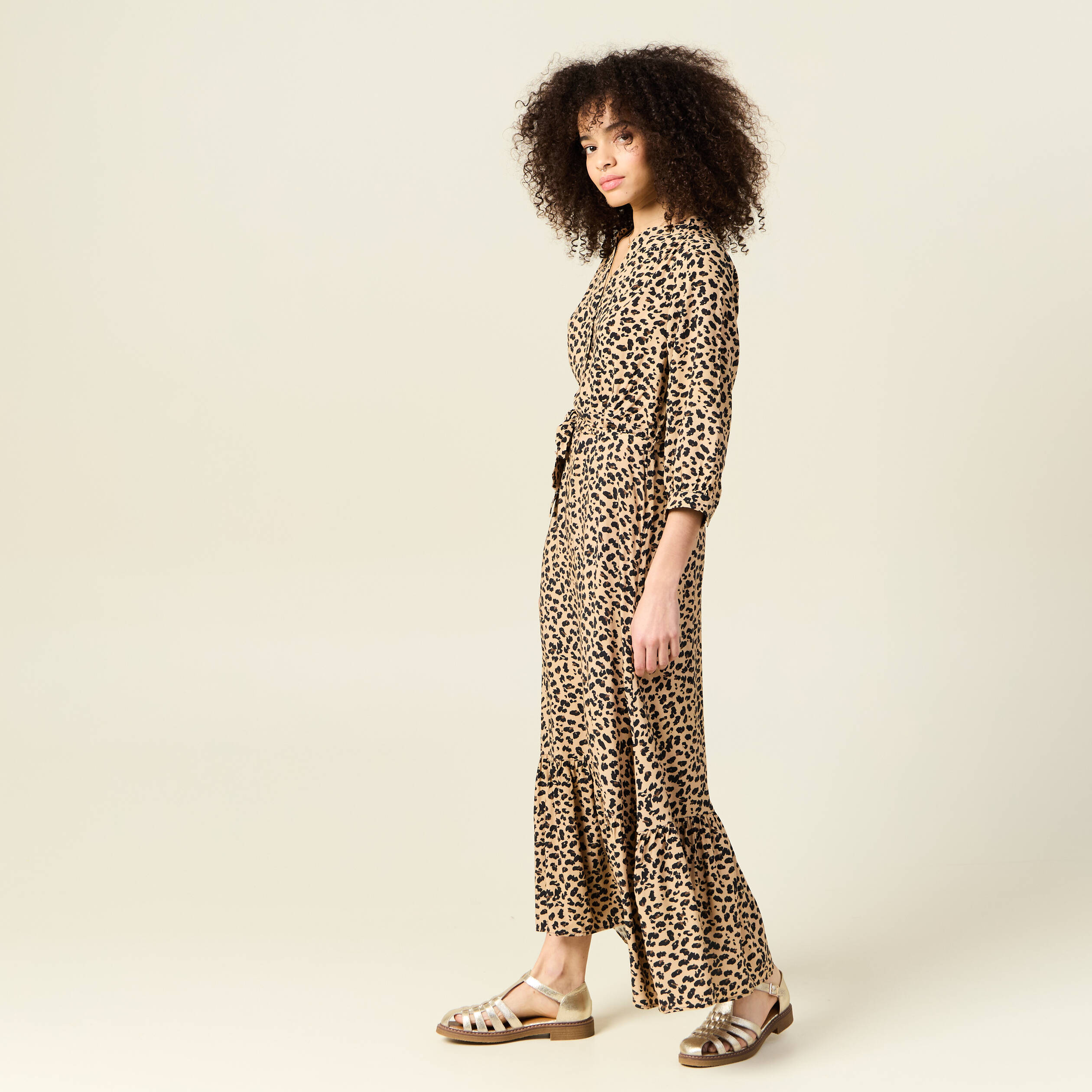 Robe longue droite manches 3/4 marron clair femme