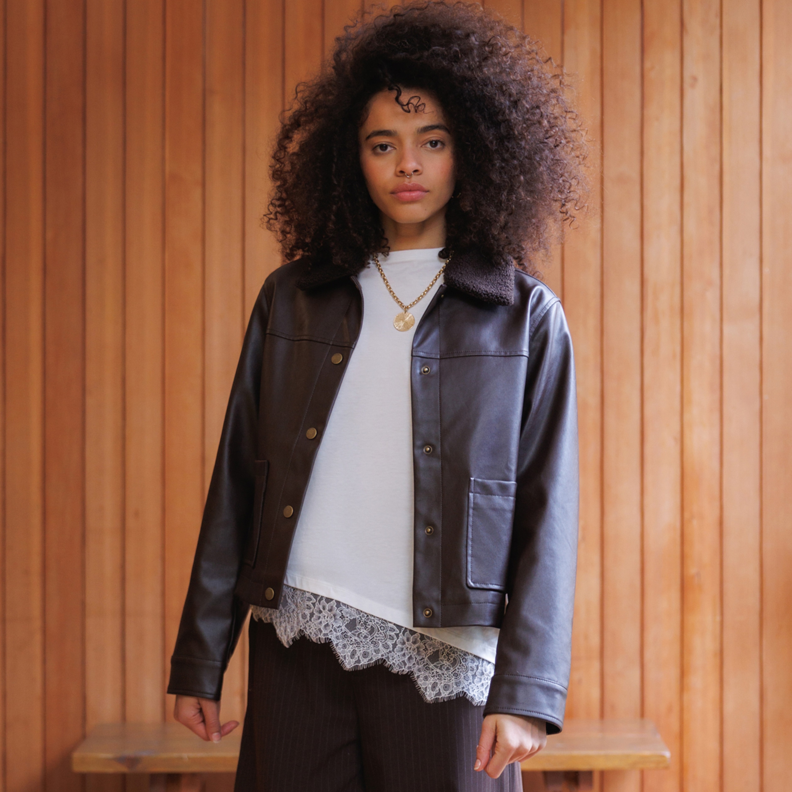Blouson col sherpa manches longues marron fonc&eacute; femme