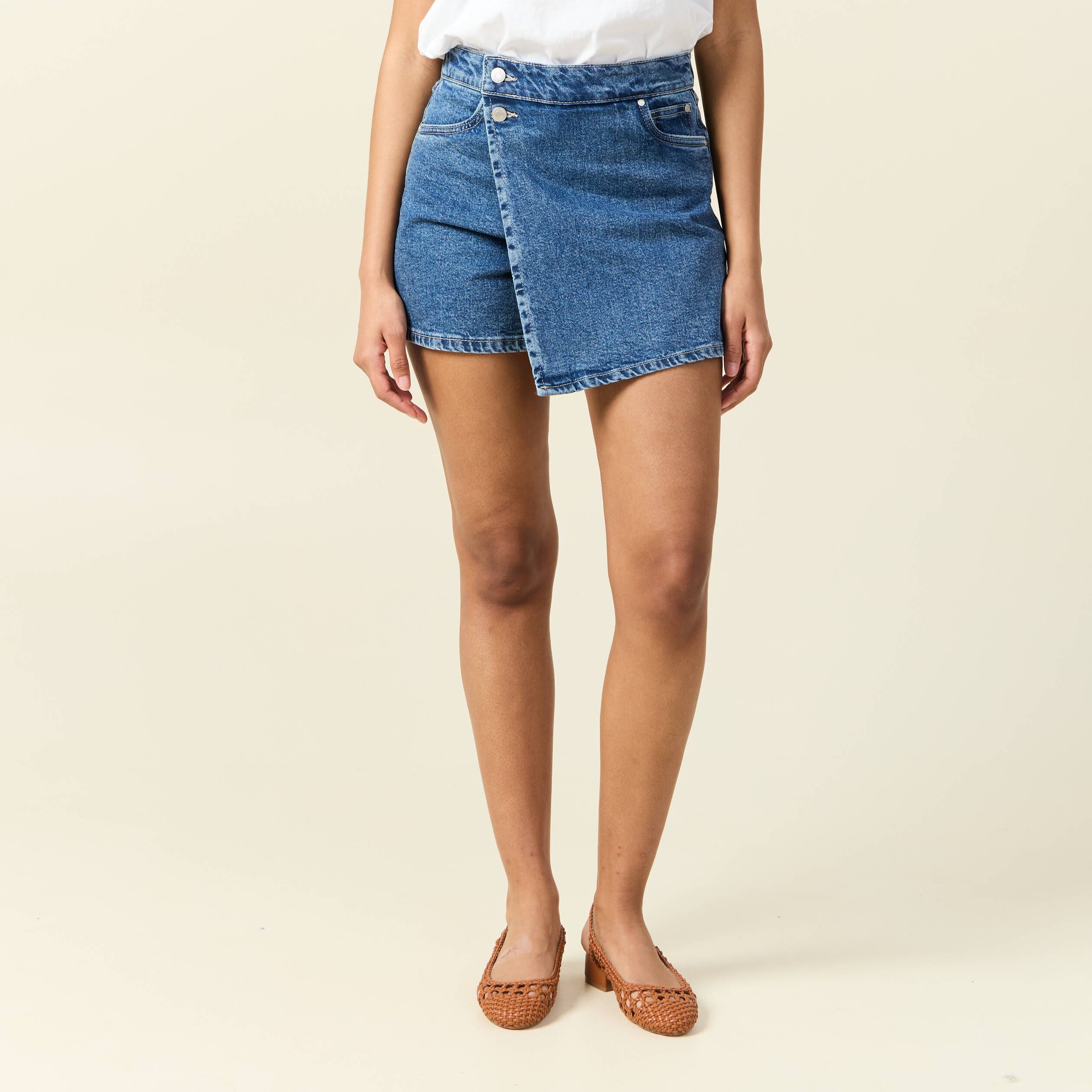 Jupe-short droite en jean denim stone femme