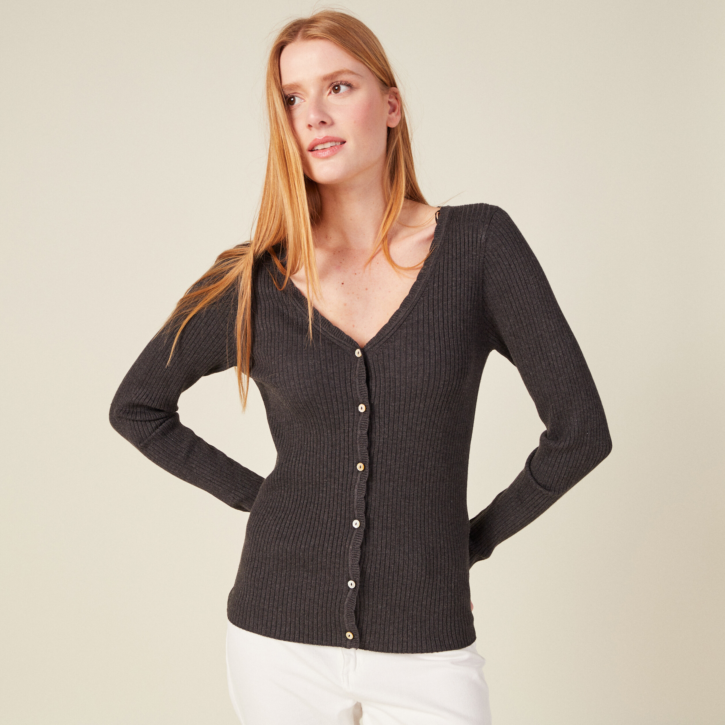 Gilet manches longues col v gris fonc&eacute; femme