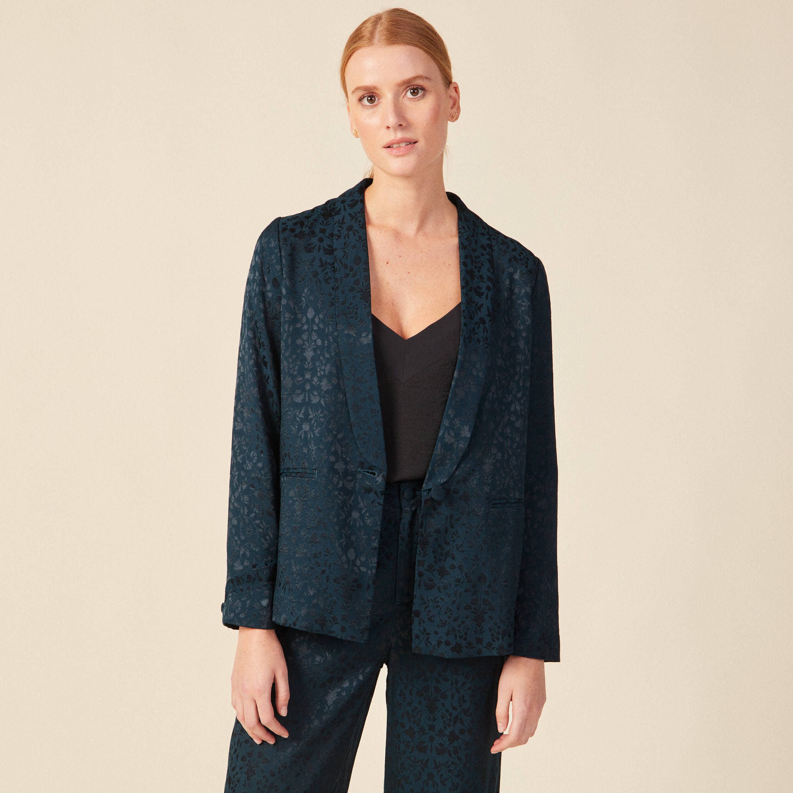 Veste blazer droite satin bleu canard femme Vibs