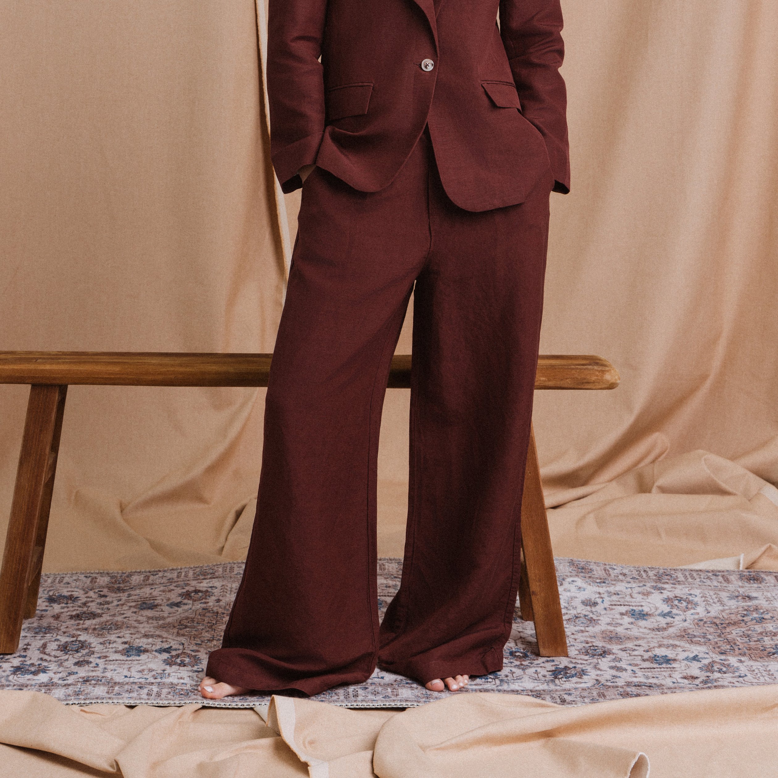 Pantalon large fluide bordeaux femme