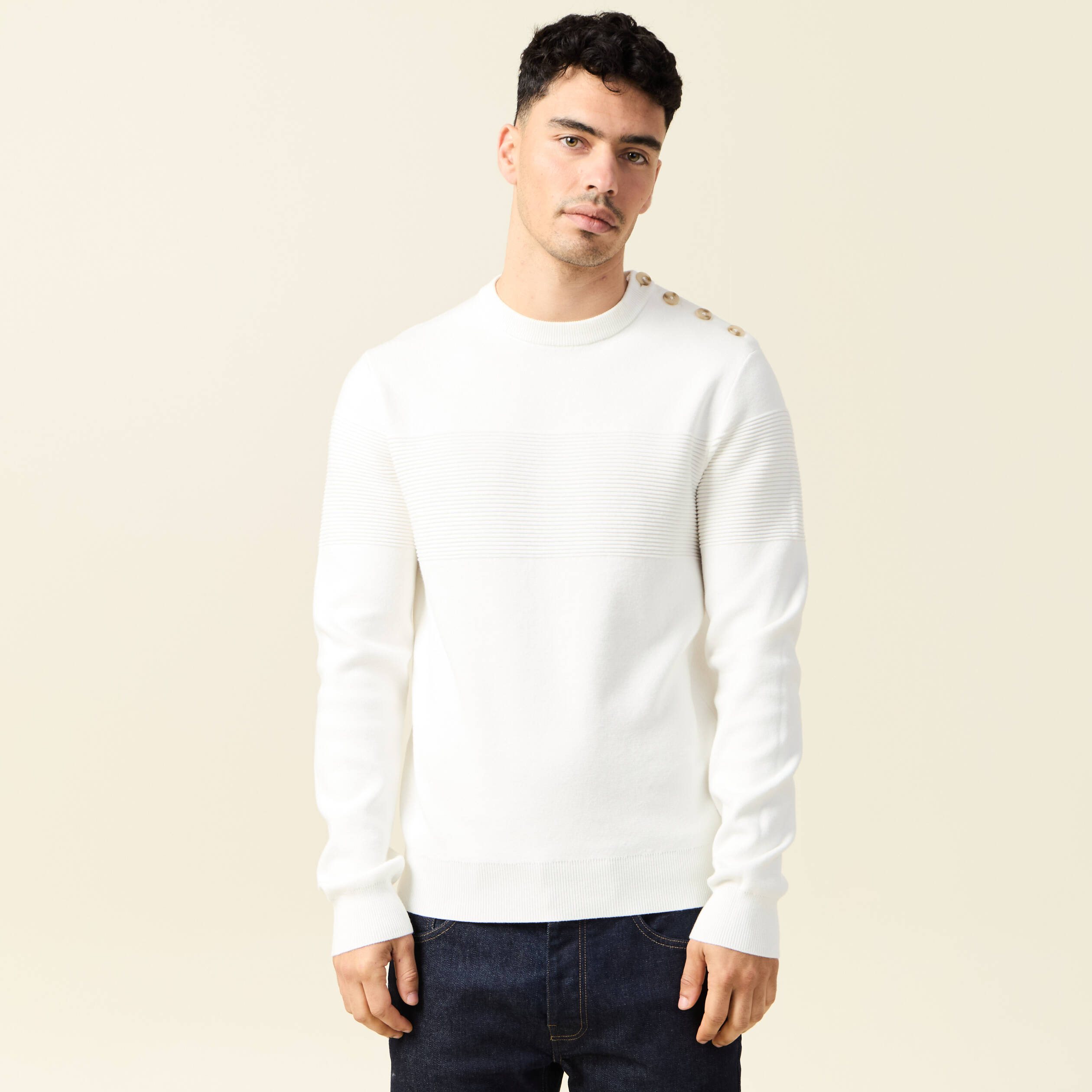 Pull manches longues col rond ecru homme