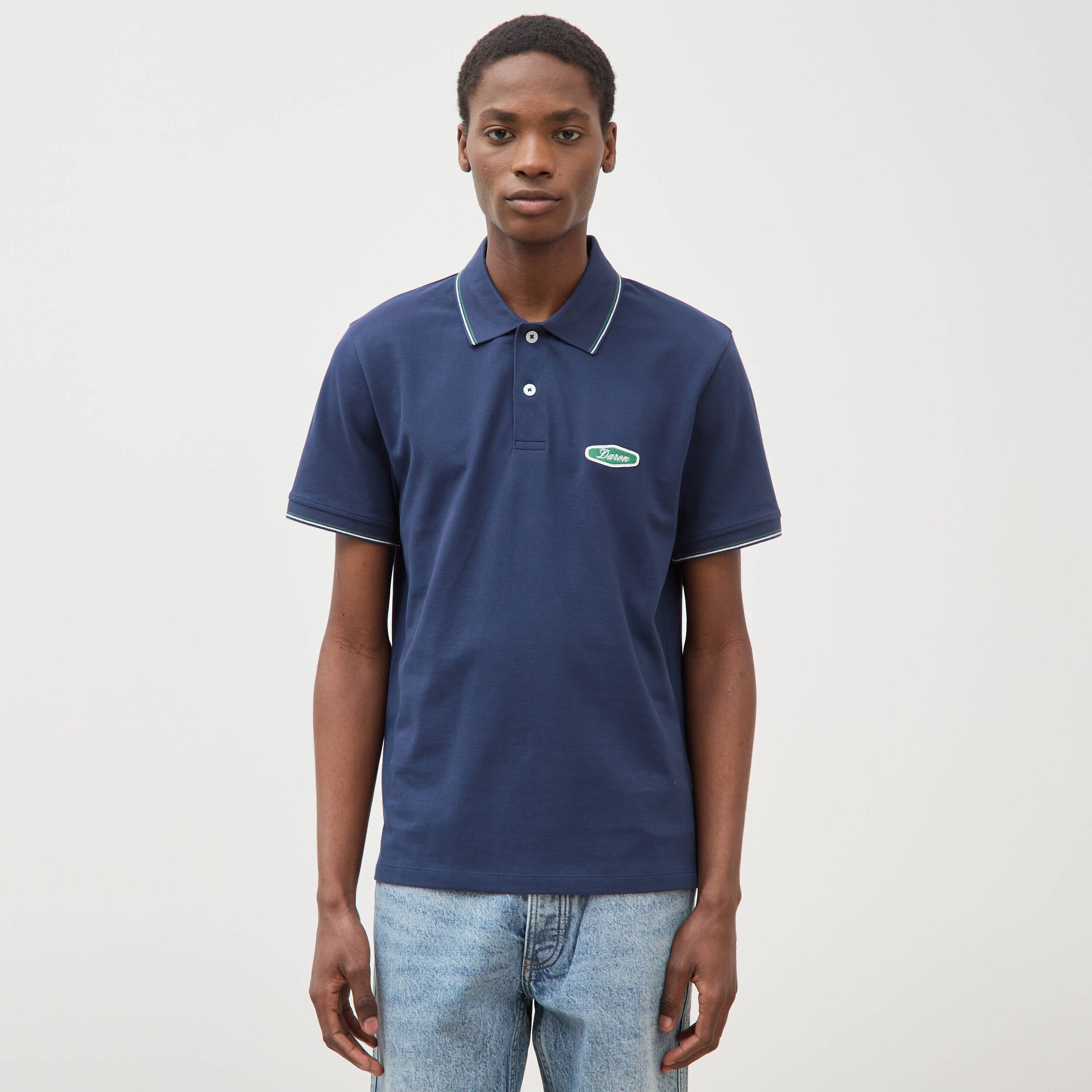 Polo cintr&eacute; en coton manches courtes bleu marine homme