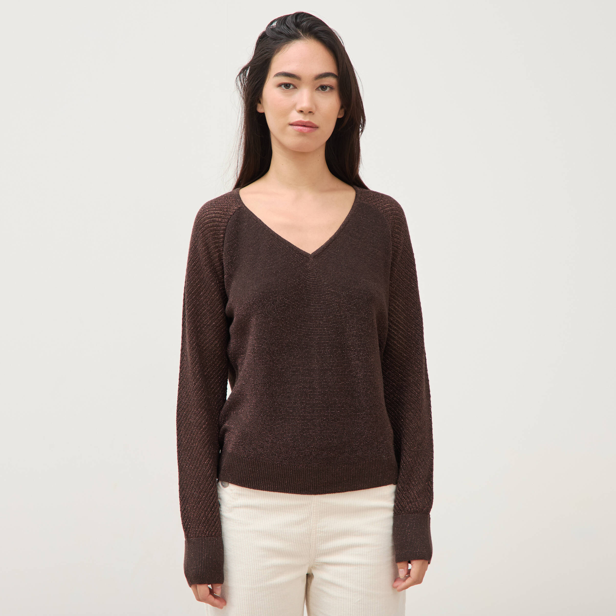 Pull droit col v manches longues marron femme